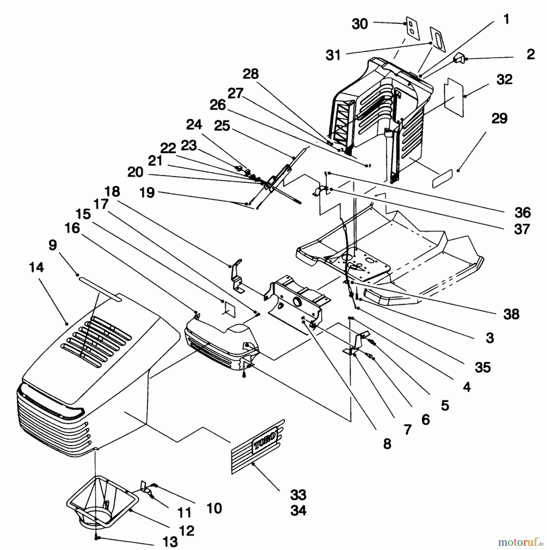  Toro Neu Mowers, Lawn & Garden Tractor Seite 1 71216 (15-44HXL) - Toro 15-44HXL Lawn Tractor, 1995 (59000001-59999999) HOOD ASSEMBLY