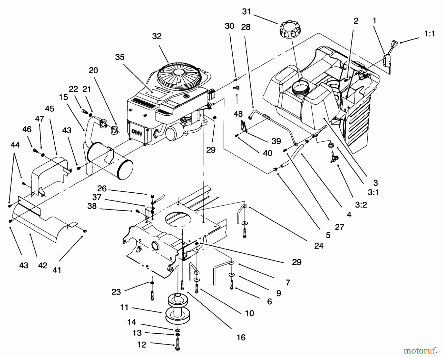 Toro Neu Mowers, Lawn & Garden Tractor Seite 1 71217 (14-38HXL) - Toro 14-38HXL Lawn Tractor, 1996 (6900001-6999999) ENGINE SYSTEM COMPONENTS ASSEMBLY
