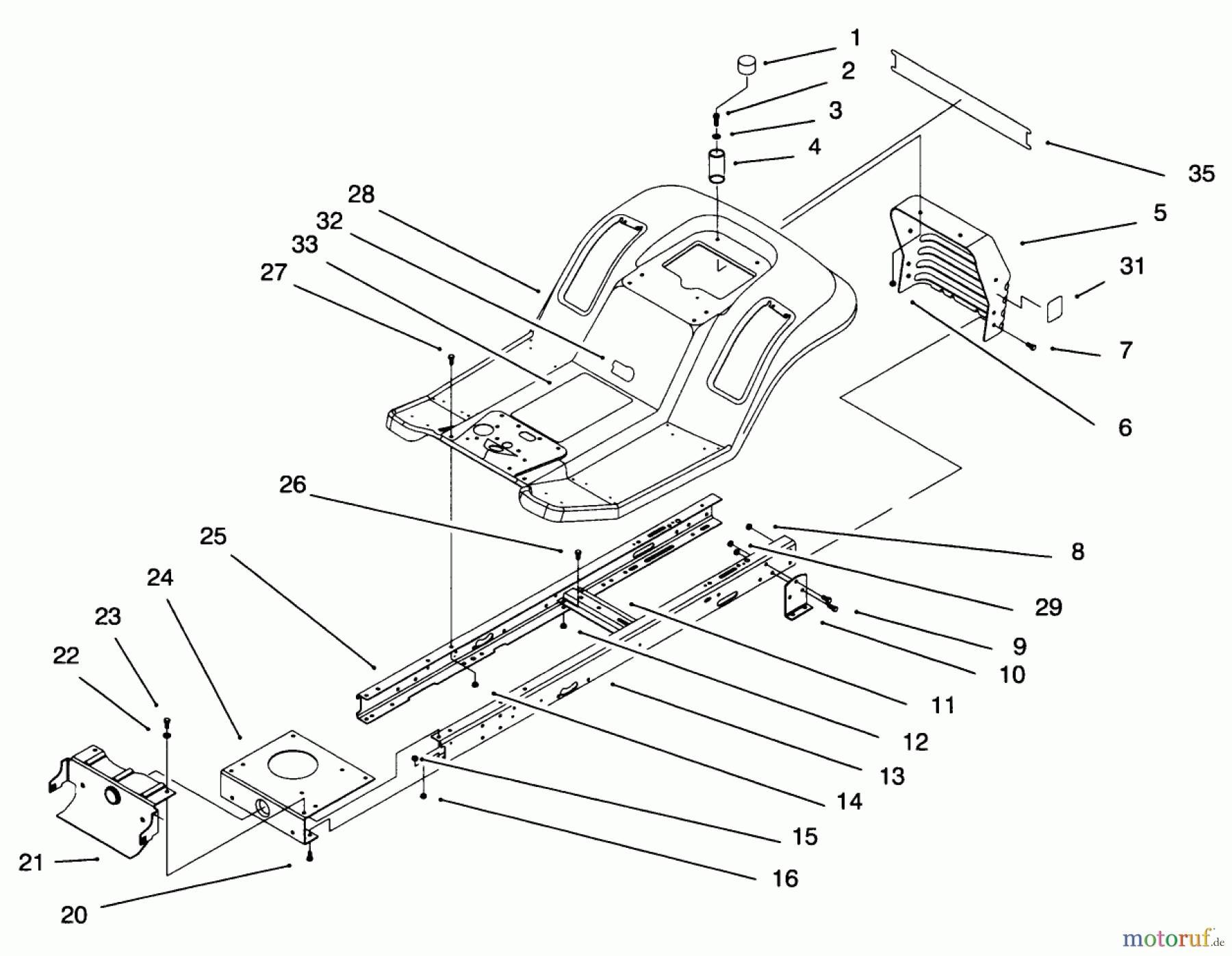 Toro Neu Mowers, Lawn & Garden Tractor Seite 1 71217 (14-38HXL) - Toro 14-38HXL Lawn Tractor, 1996 (6900001-6999999) FRAME & BODY ASSEMBLY