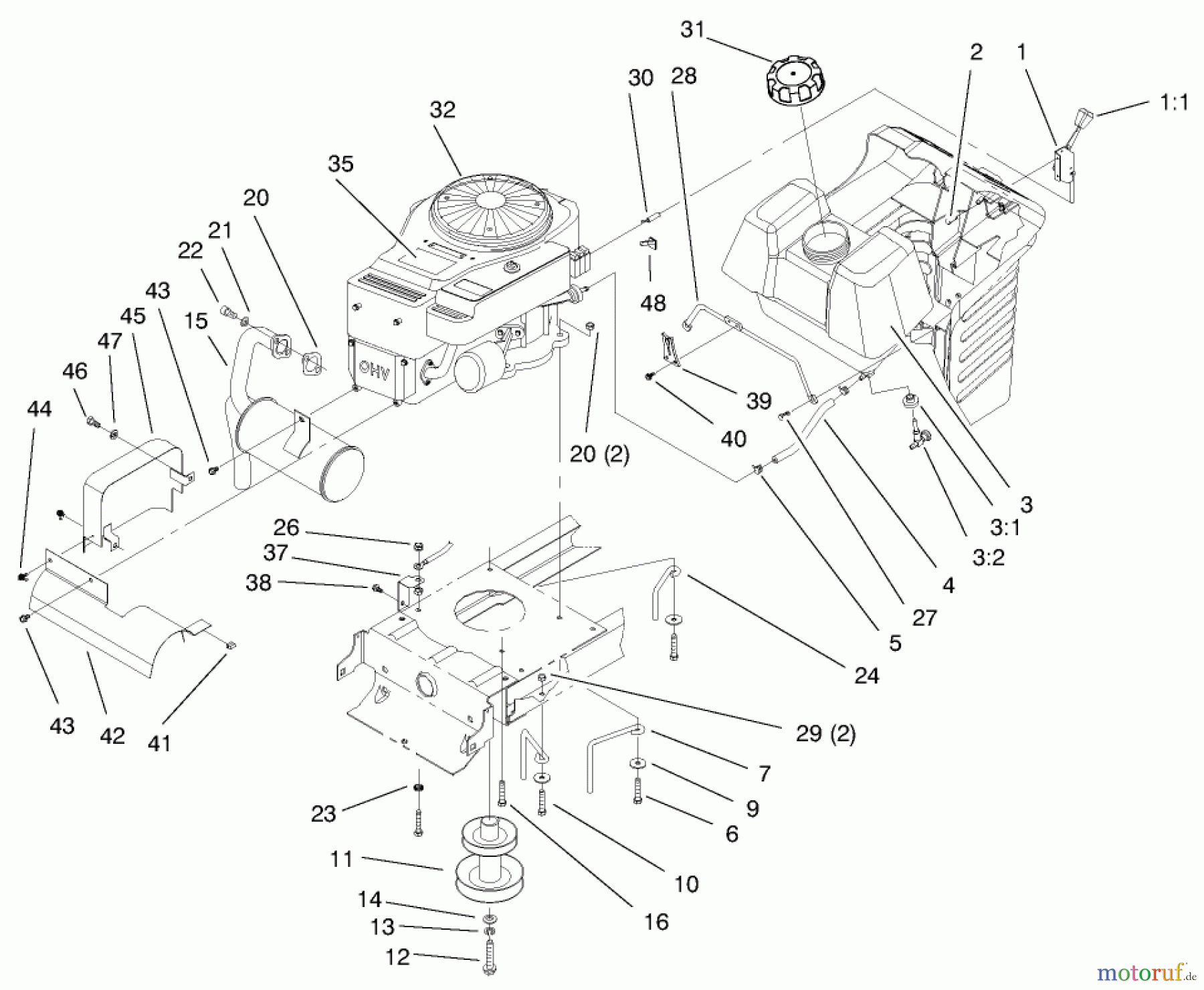  Toro Neu Mowers, Lawn & Garden Tractor Seite 1 71217 (14-38HXL) - Toro 14-38HXL Lawn Tractor, 1997 (7900001-7999999) ENGINE & GAS TANK ASSEMBLY
