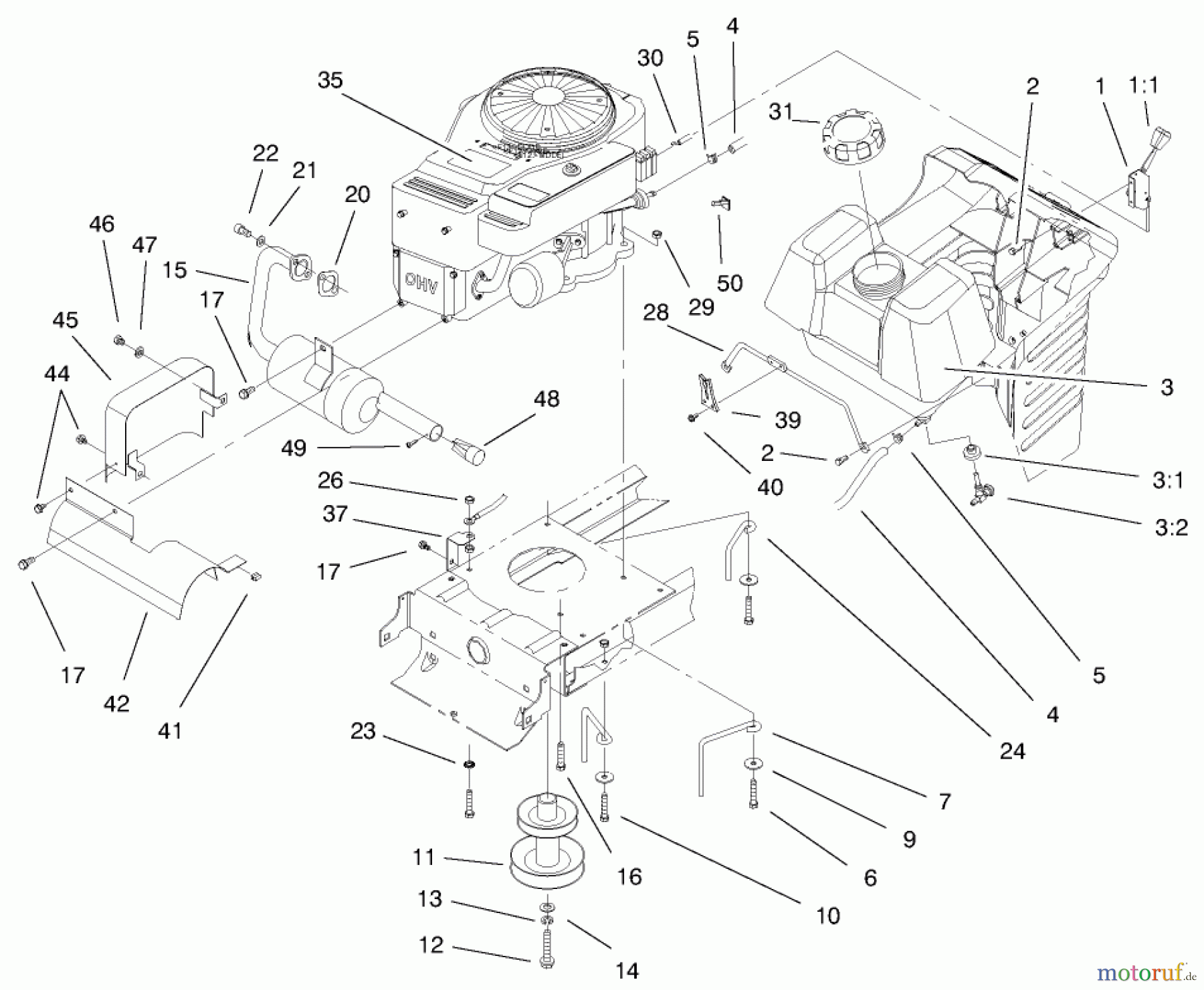 Toro Neu Mowers, Lawn & Garden Tractor Seite 1 71197 (17-44HXL) - Toro 17-44HXL Lawn Tractor, 1999 (9900001-9999999) ENGINE SYSTEMS COMPONENTS ASSEMBLY