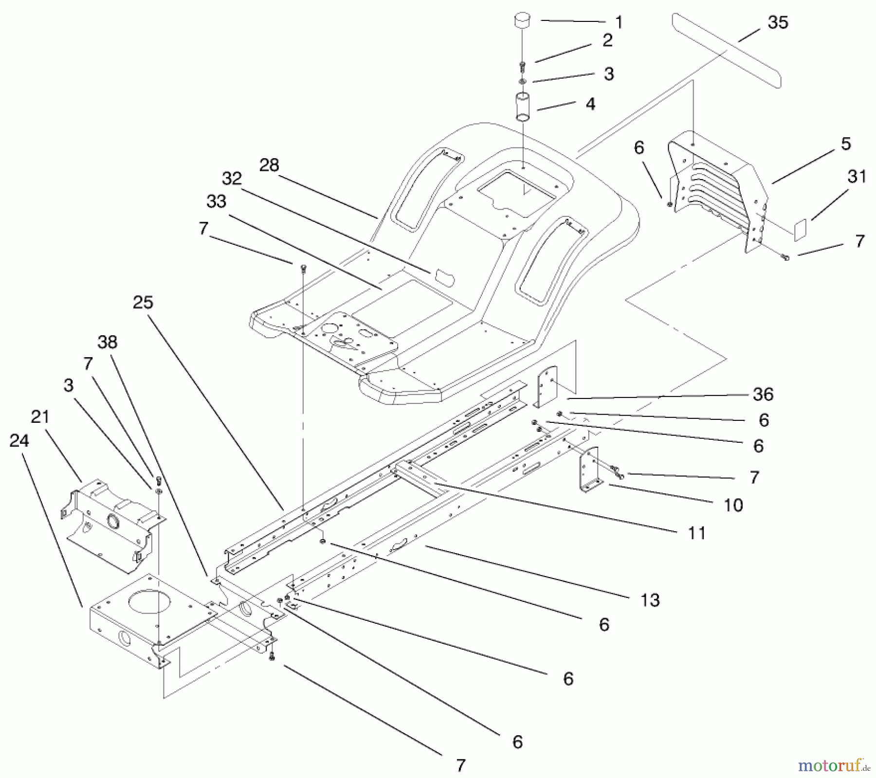Toro Neu Mowers, Lawn & Garden Tractor Seite 1 71197 (17-44HXL) - Toro 17-44HXL Lawn Tractor, 1999 (9900001-9999999) FRAME & BODY ASSEMBLY
