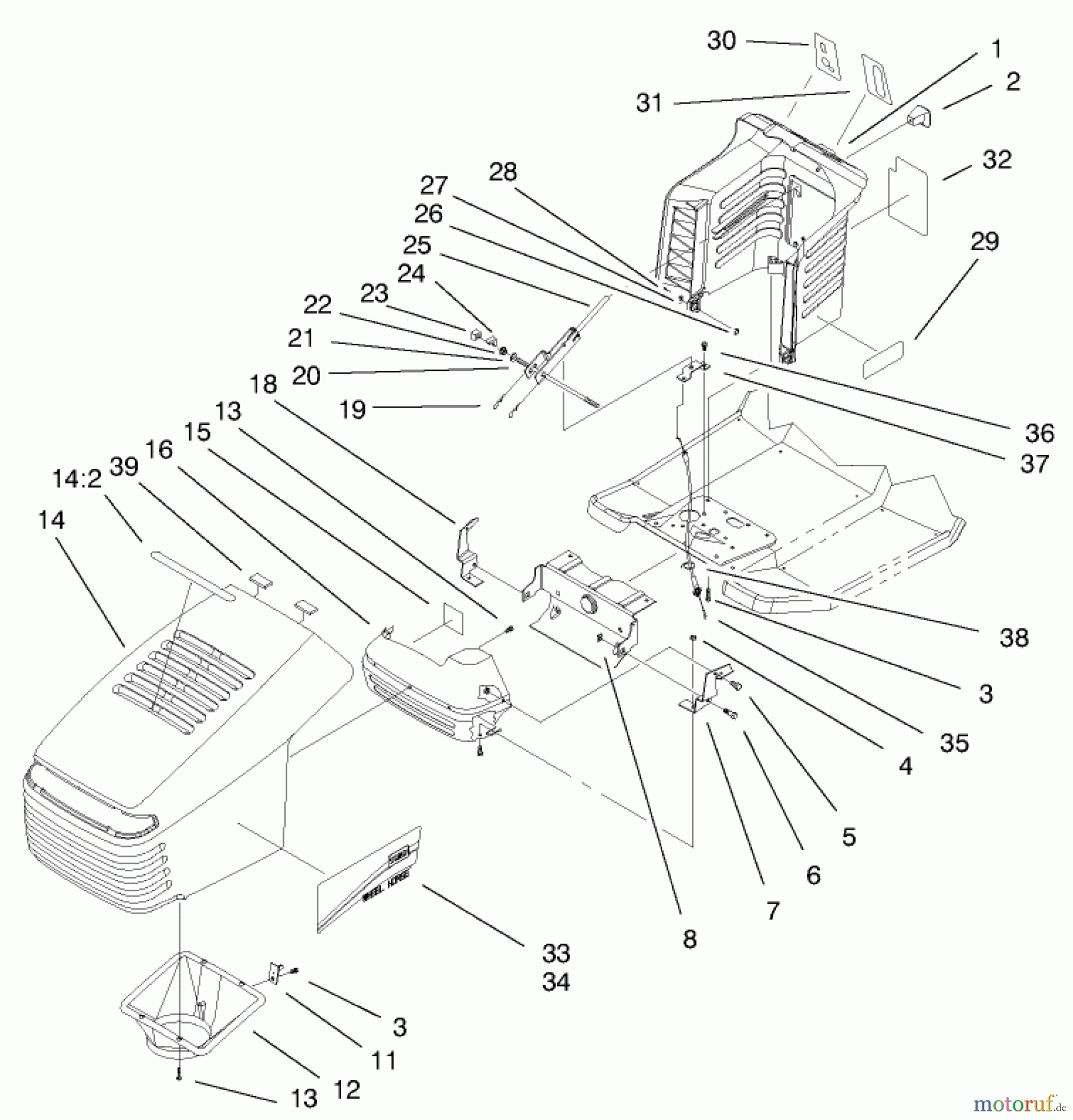 Toro Neu Mowers, Lawn & Garden Tractor Seite 1 71197 (17-44HXL) - Toro 17-44HXL Lawn Tractor, 1999 (9900001-9999999) HOOD & TOWER ASSEMBLY