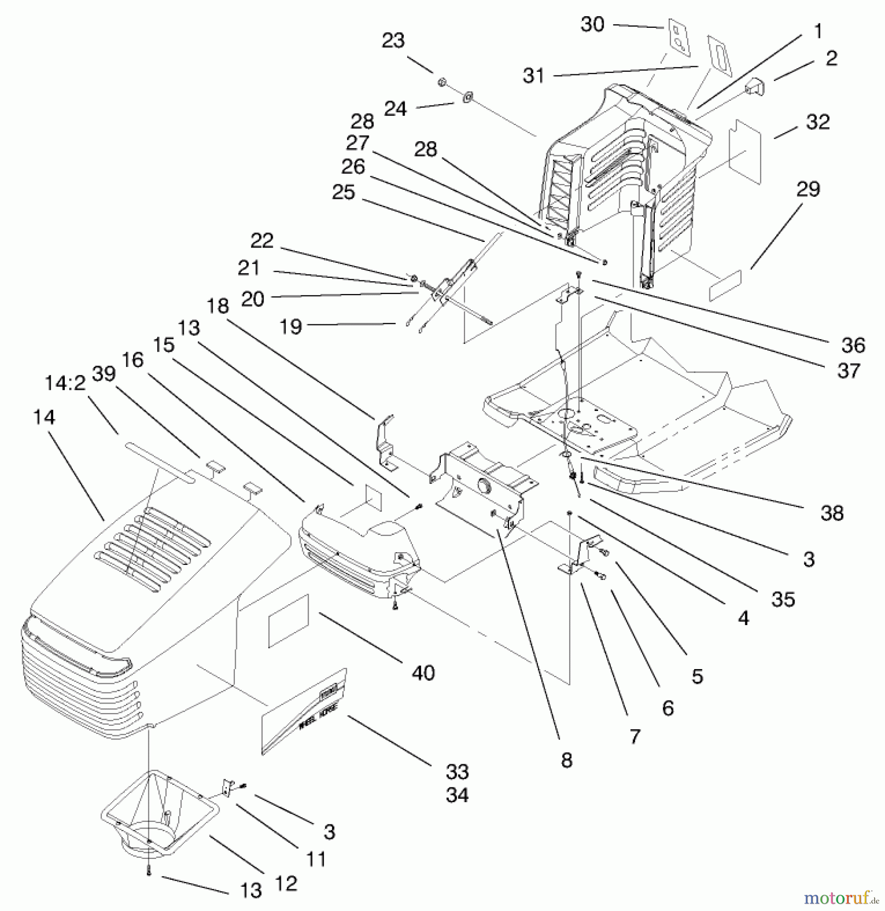 Toro Neu Mowers, Lawn & Garden Tractor Seite 1 71280 (17-44HXLE) - Toro 17-44HXLE Lawn Tractor, 2000 (200000001-200999999) HOOD & TOWER ASSEMBLY