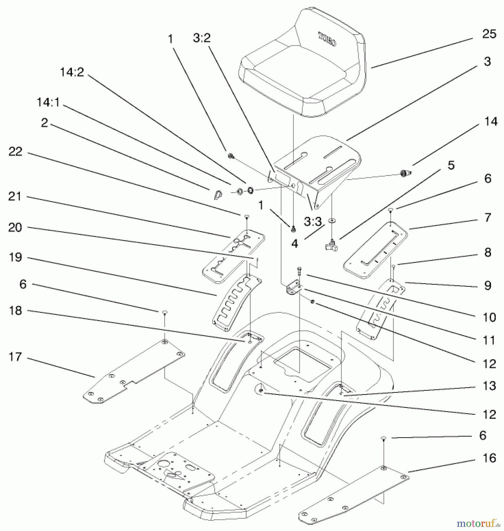 Toro Neu Mowers, Lawn & Garden Tractor Seite 1 71198 (14-38XL) - Toro 14-38XL Lawn Tractor, 1999 (9900001-9999999) REAR BODY & SEAT ASSEMBLY