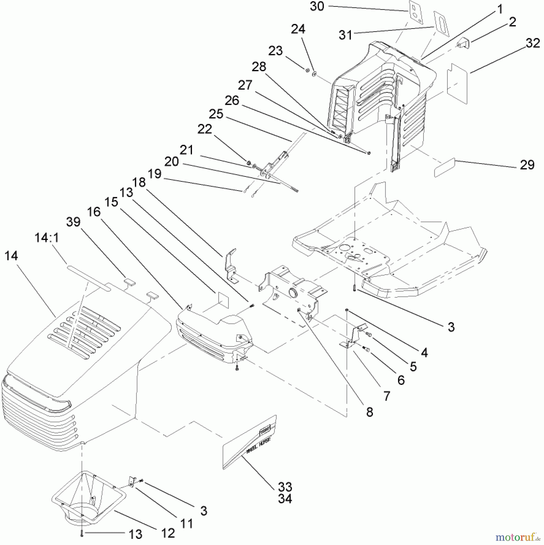 Toro Neu Mowers, Lawn & Garden Tractor Seite 1 71199 (12-32XL) - Toro 12-32XL Lawn Tractor, 2003 (230000001-230999999) HOOD AND STEERING TOWER ASSEMBLY