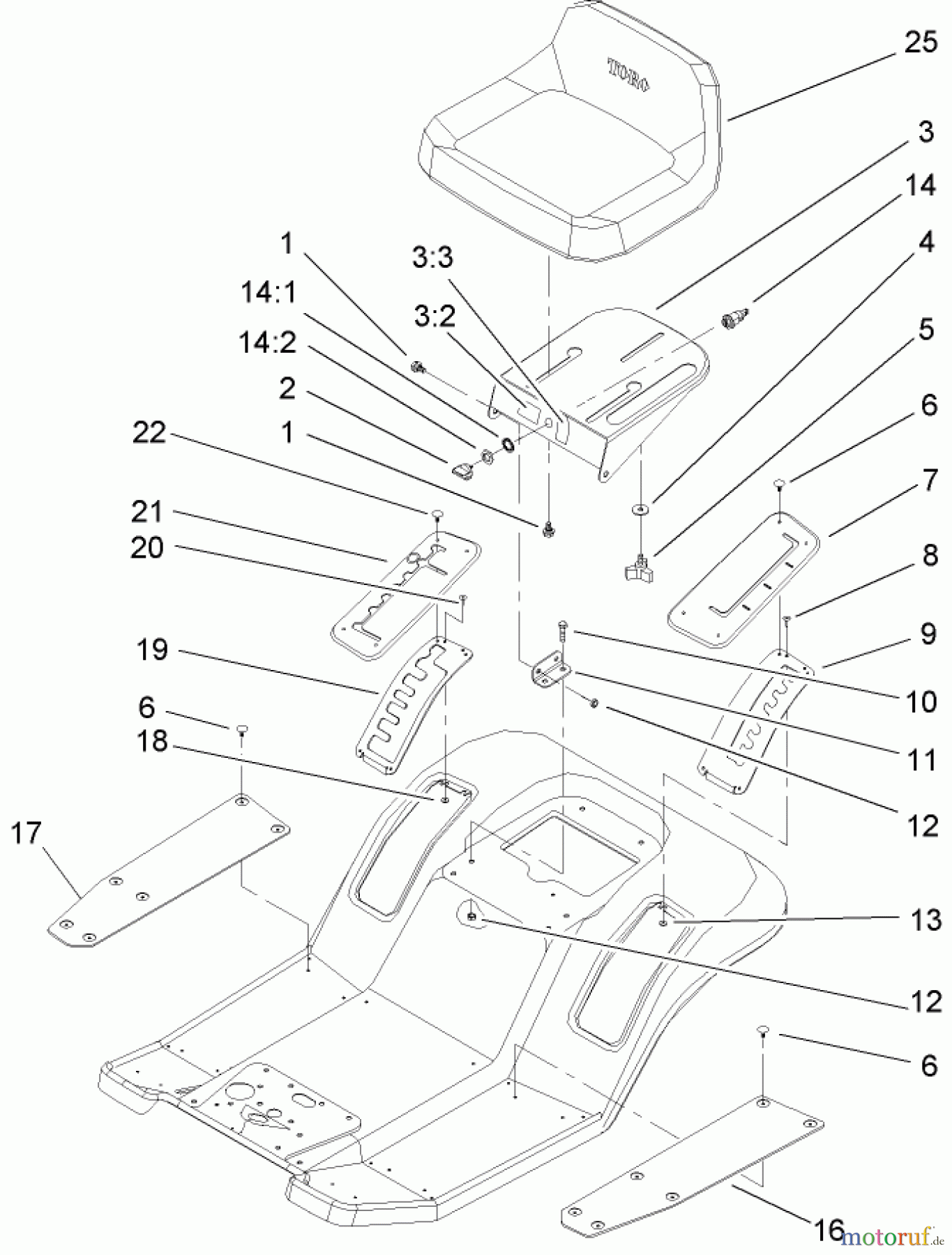  Toro Neu Mowers, Lawn & Garden Tractor Seite 1 71199 (12-32XL) - Toro 12-32XL Lawn Tractor, 2003 (230000001-230999999) SEAT AND FENDER-MOUNTED CONTROL ASSEMBLY