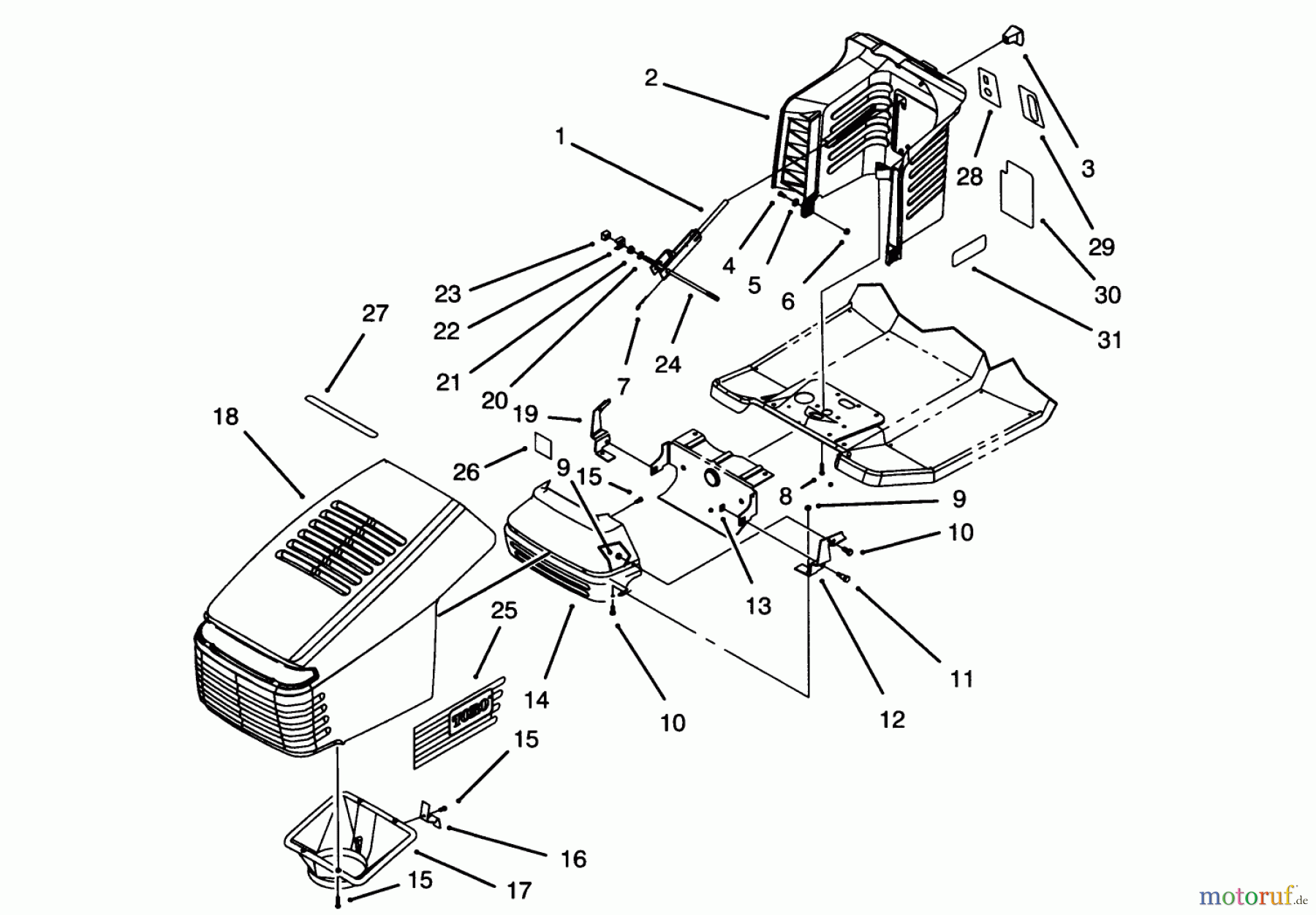 Toro Neu Mowers, Lawn & Garden Tractor Seite 1 71205 (13-38XL) - Toro 13-38XL Lawn Tractor, 1995 (59000001-59999999) HOOD ASSEMBLY