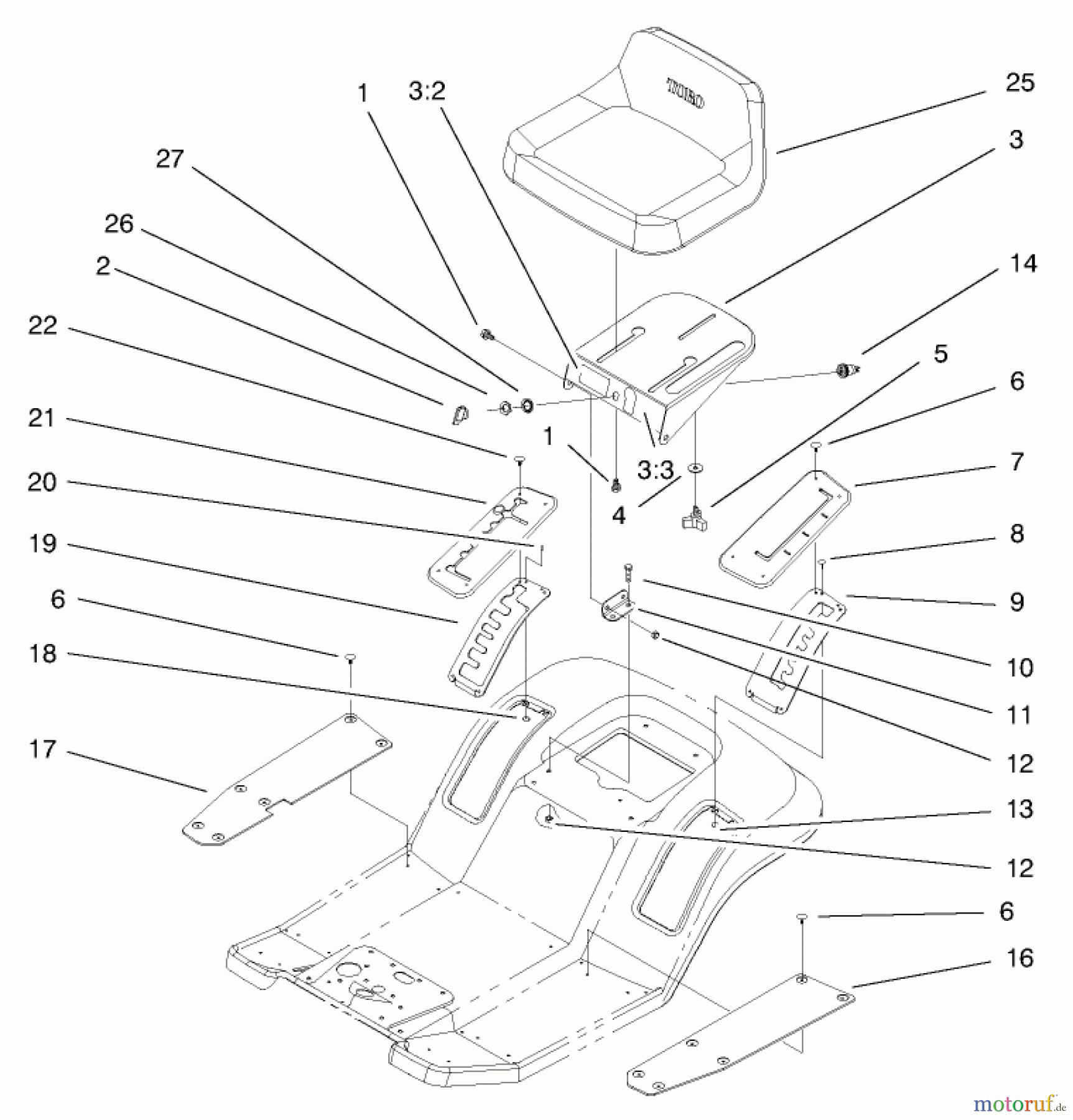 Toro Neu Mowers, Lawn & Garden Tractor Seite 1 71209 (13-32XLE) - Toro 13-32XLE Lawn Tractor, 2000 (200000001-200999999) REAR BODY & SEAT ASSEMBLY
