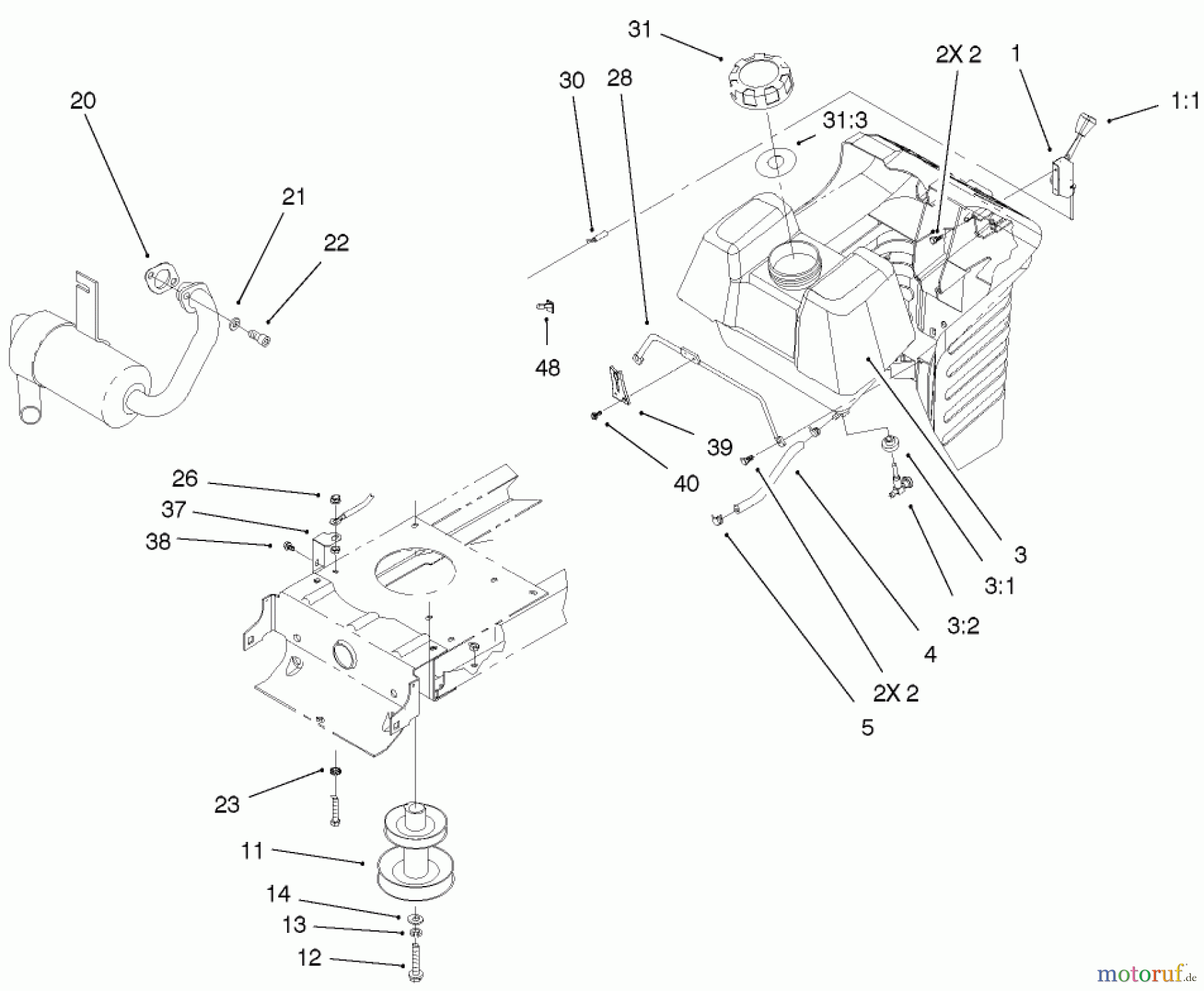 Toro Neu Mowers, Lawn & Garden Tractor Seite 1 71209 (13-32XLE) - Toro 13-32XLE Lawn Tractor, 2001 (210000001-210999999) ENGINE SYSTEMS COMPONENTS ASSEMBLY