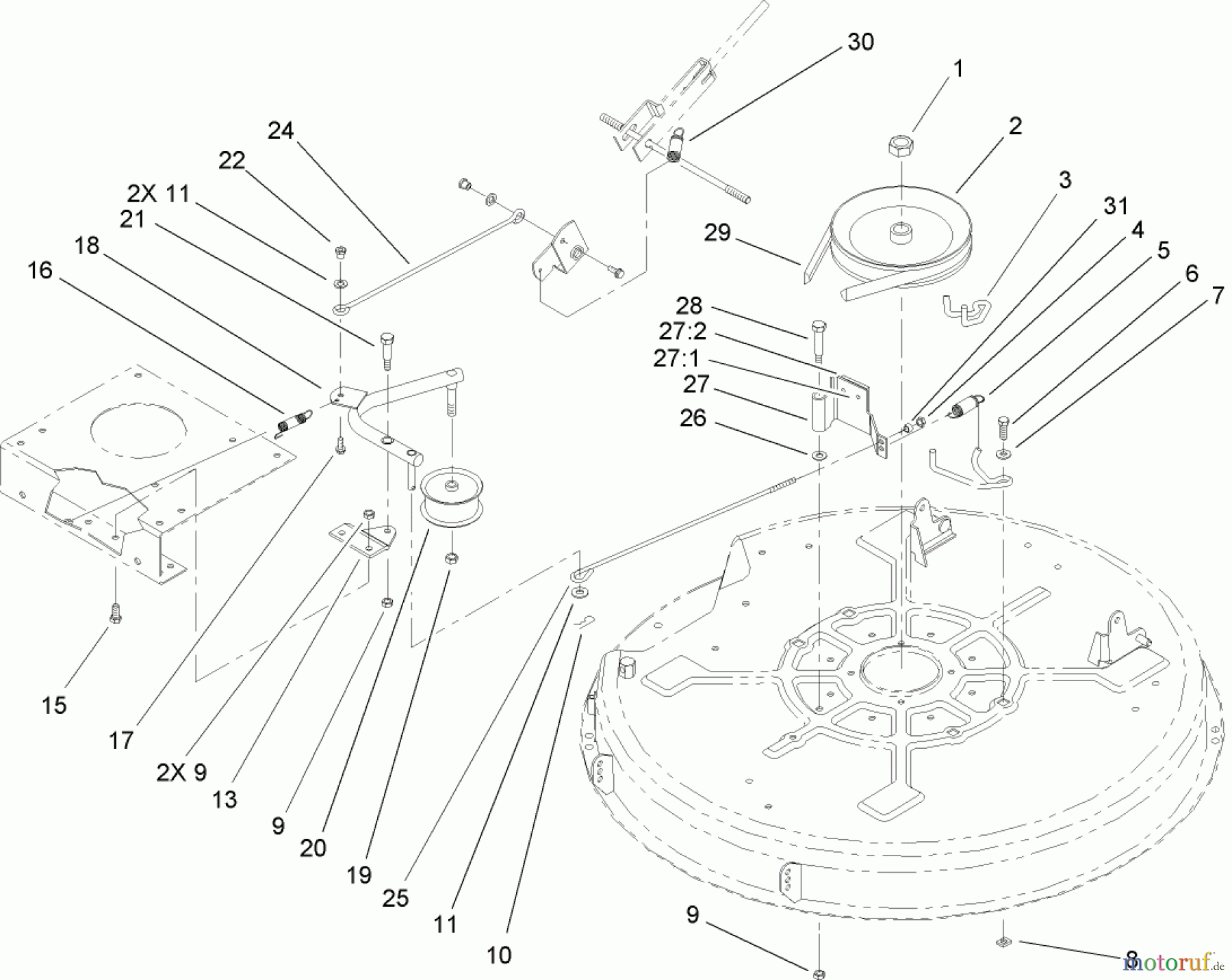 Toro Neu Mowers, Lawn & Garden Tractor Seite 1 71209 (XL 320) - Toro XL 320 Lawn Tractor, 2005 (250000001-250005000) 32IN DECK BLADE DRIVE / BRAKE ASSEMBLY