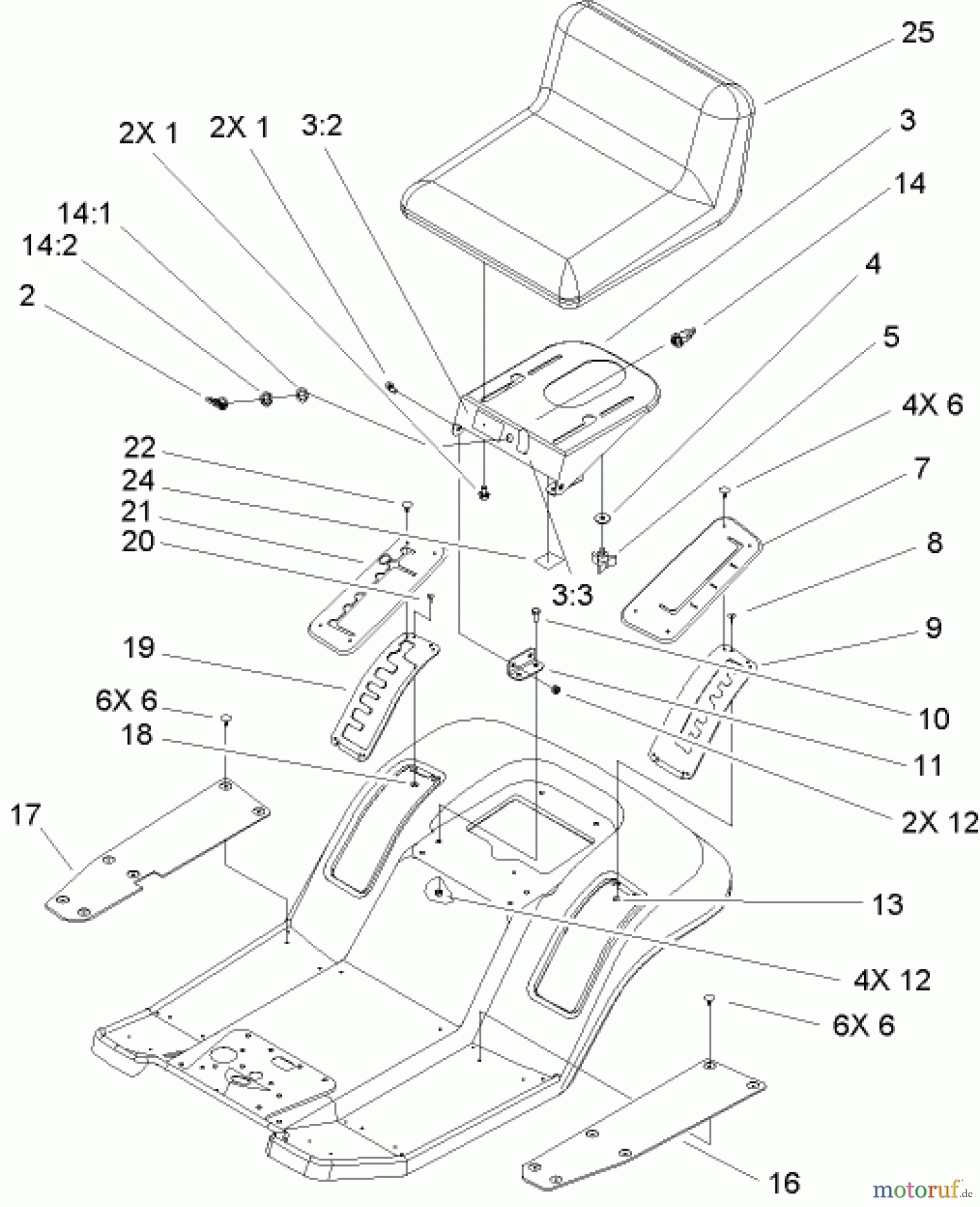 Toro Neu Mowers, Lawn & Garden Tractor Seite 1 71209 (XL 320) - Toro XL 320 Lawn Tractor, 2005 (250000001-250005000) REAR BODY AND SEAT ASSEMBLY