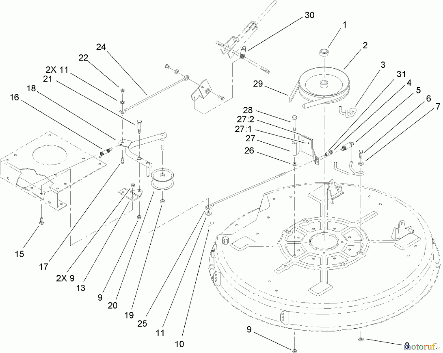 Toro Neu Mowers, Lawn & Garden Tractor Seite 1 71209 (XL 320) - Toro XL 320 Lawn Tractor, 2006 (260000001-260999999) 32 INCH DECK BLADE DRIVE AND BRAKE ASSEMBLY