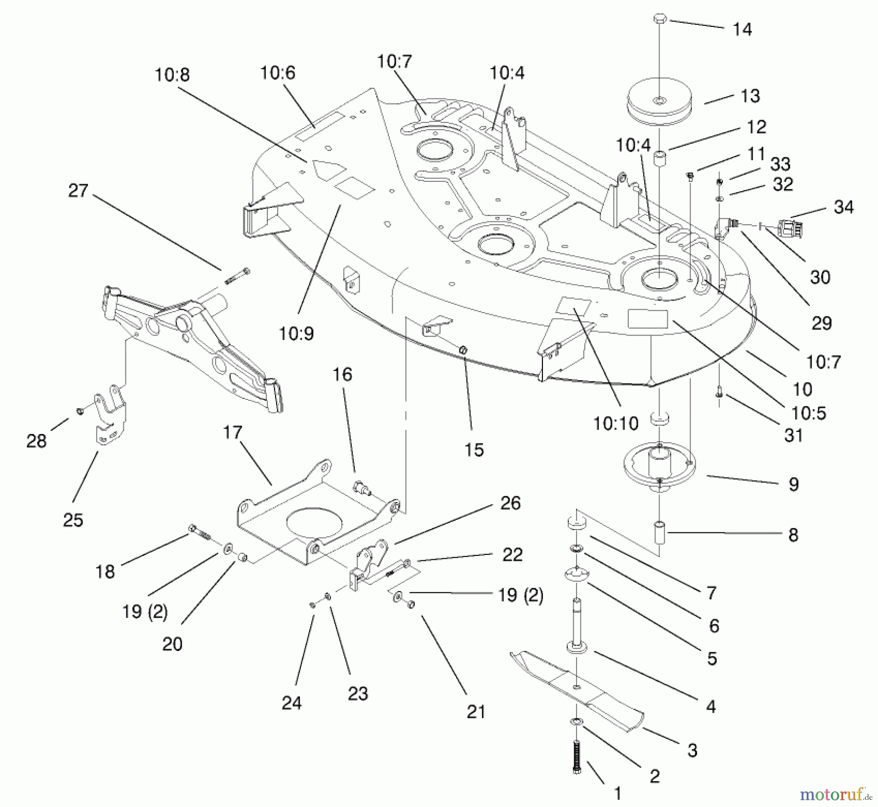 Toro Neu Mowers, Lawn & Garden Tractor Seite 1 71212 (17-44HXL) - Toro 17-44HXL Lawn Tractor, 2000 (200000001-200999999) DECK, SPINDLE & BLADE ASSEMBLY