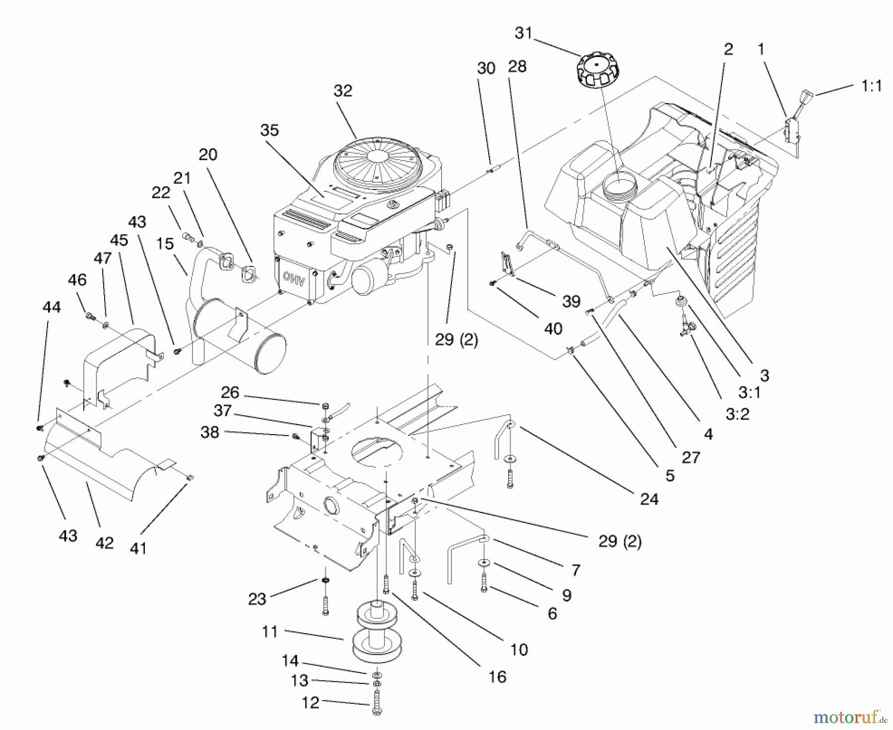 Toro Neu Mowers, Lawn & Garden Tractor Seite 1 71215 (14-38HXL) - Toro 14-38HXL Lawn Tractor, 1997 (7900001-7999999) ENGINE & GAS TANK ASSEMBLY