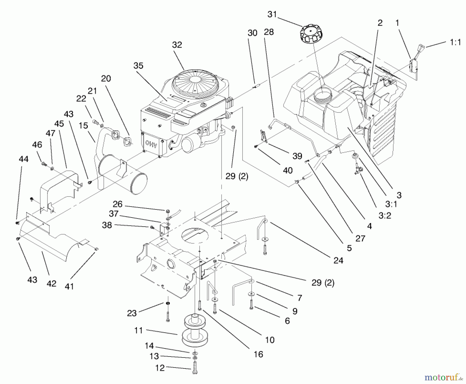 Toro Neu Mowers, Lawn & Garden Tractor Seite 1 71215 (14-38HXL) - Toro 14-38HXL Lawn Tractor, 1998 (8900001-8999999) ENGINE & GAS TANK ASSEMBLY