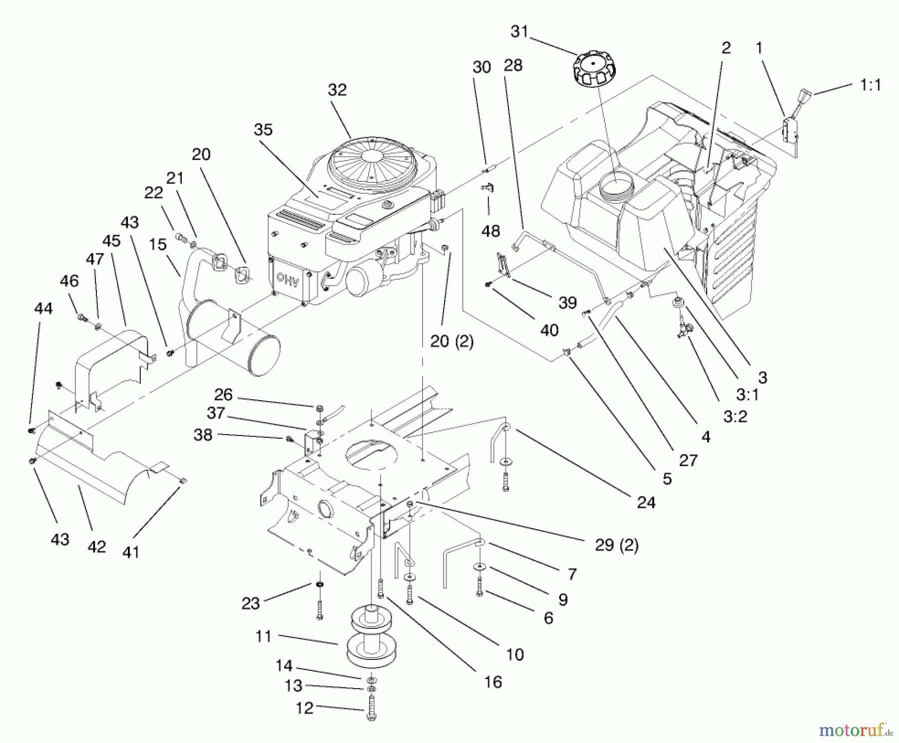 Toro Neu Mowers, Lawn & Garden Tractor Seite 1 71219 (14-38HXL) - Toro 14-38HXL Lawn Tractor, 1997 (7900001-7999999) ENGINE & GAS TANK ASSEMBLY