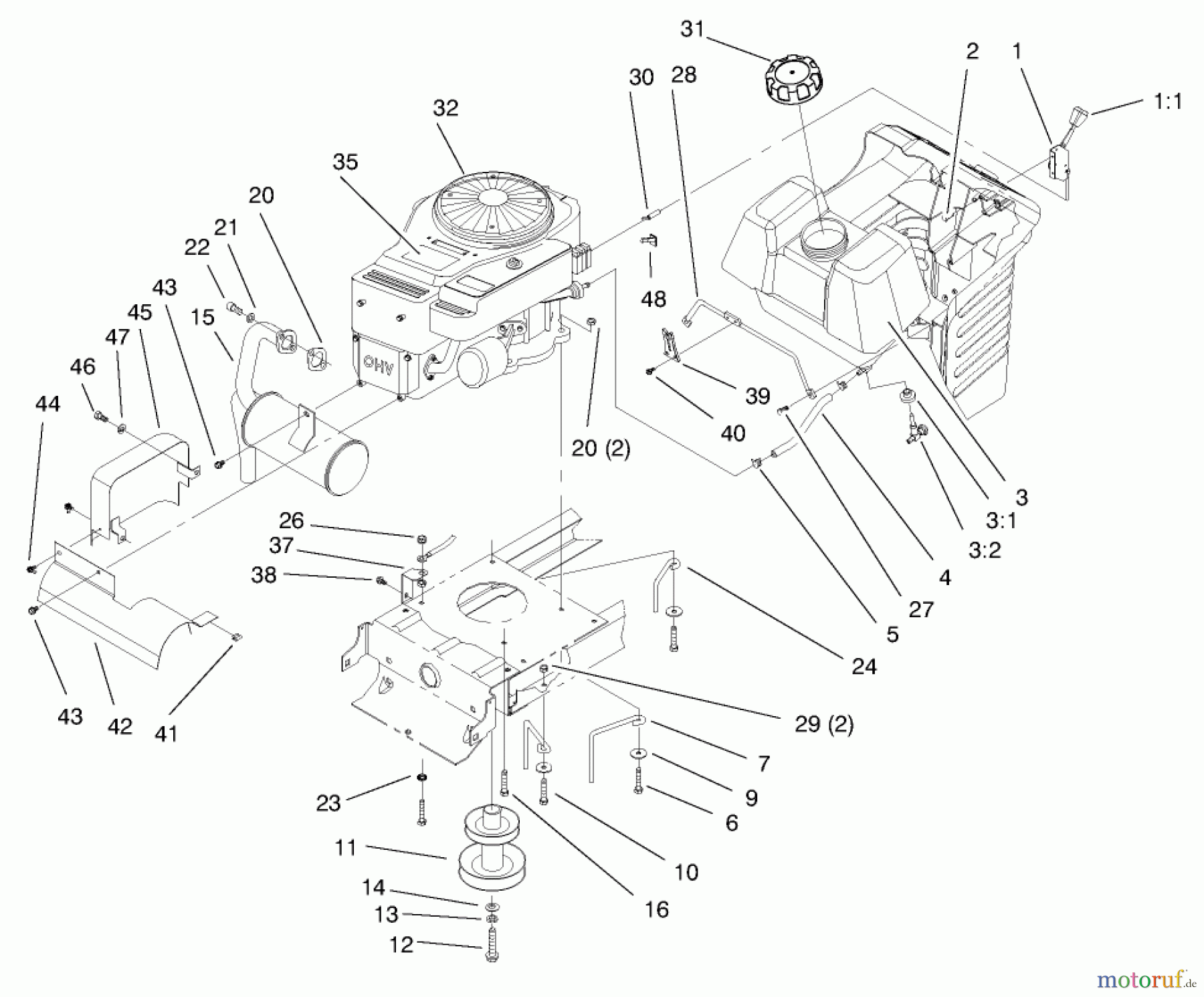 Toro Neu Mowers, Lawn & Garden Tractor Seite 1 71219 (14-38HXL) - Toro 14-38HXL Lawn Tractor, 1998 (8900001-8999999) ENGINE & GAS TANK ASSEMBLY