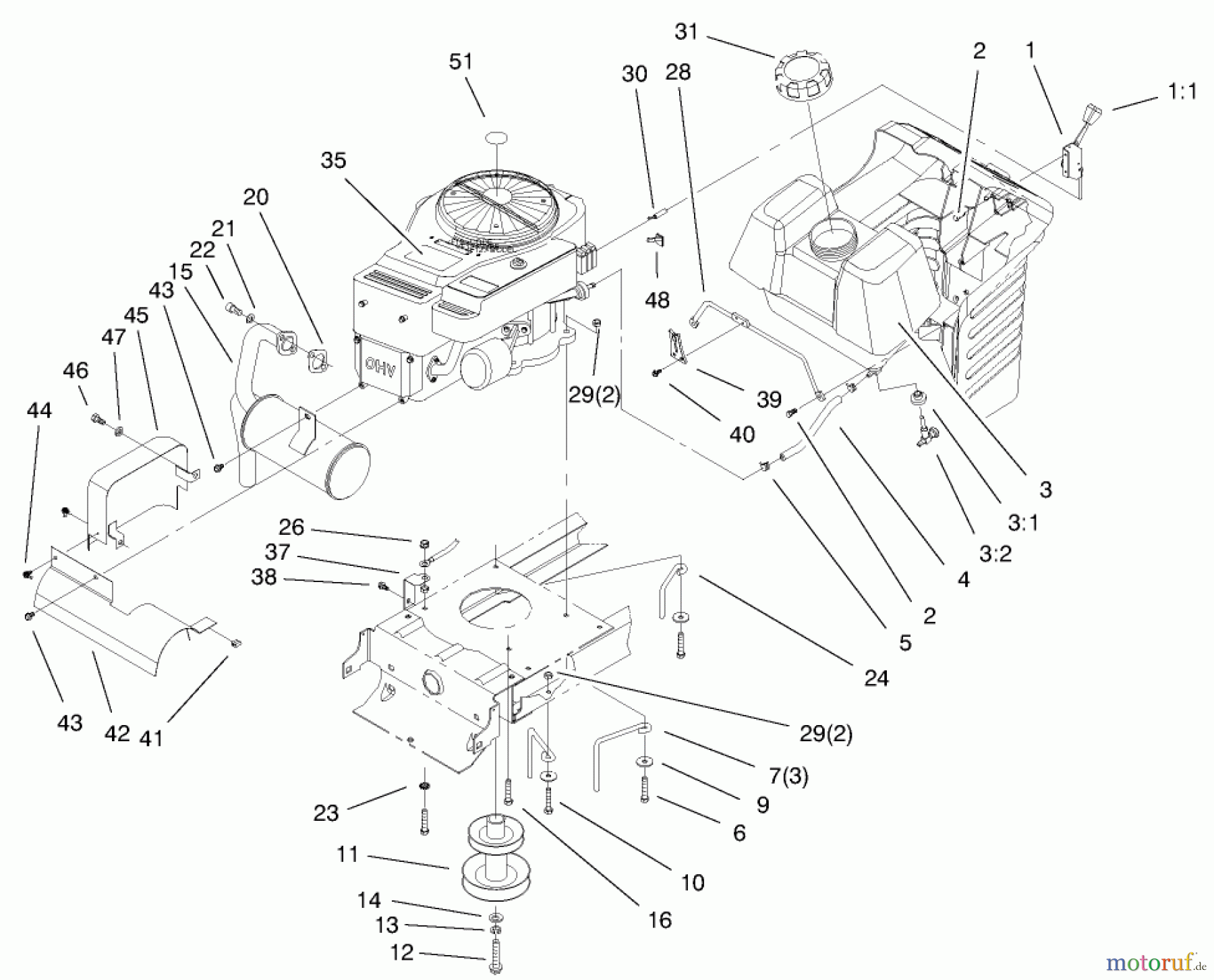 Toro Neu Mowers, Lawn & Garden Tractor Seite 1 71223 (16-38XL) - Toro 16-38XL Lawn Tractor, 2000 (200000001-200999999) ENGINE SYSTEMS COMPONENTS ASSEMBLY