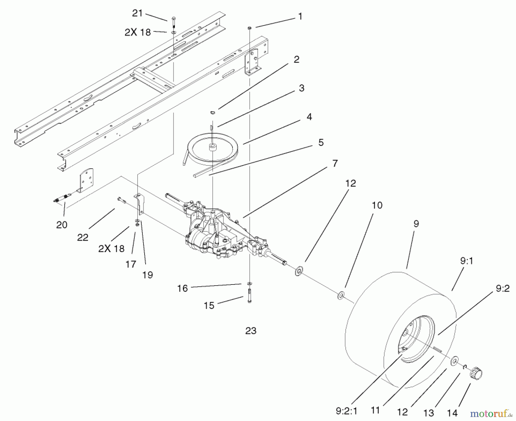 Toro Neu Mowers, Lawn & Garden Tractor Seite 1 71223 (16-38XL) - Toro 16-38XL Lawn Tractor, 2001 (210000001-210999999) 5 SPEED TRANSAXLE ASSEMBLY