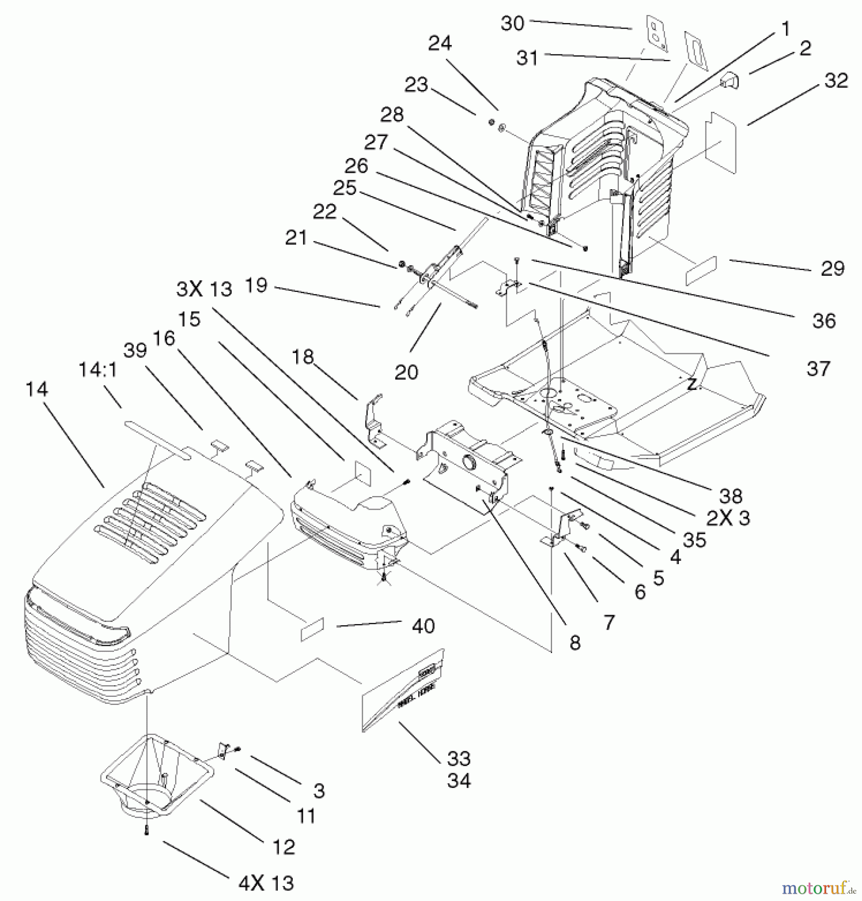 Toro Neu Mowers, Lawn & Garden Tractor Seite 1 71223 (16-38XL) - Toro 16-38XL Lawn Tractor, 2001 (210000001-210999999) HOOD & TOWER ASSEMBLY