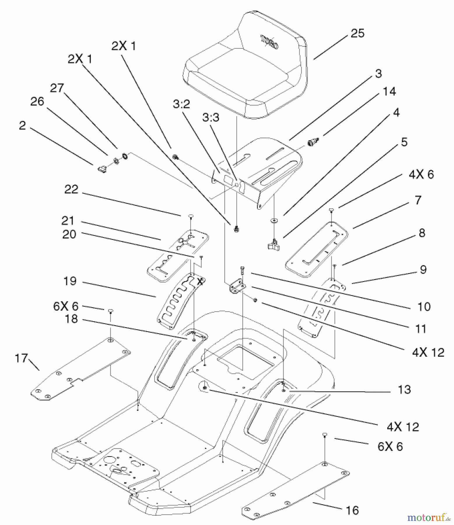 Toro Neu Mowers, Lawn & Garden Tractor Seite 1 71223 (16-38XL) - Toro 16-38XL Lawn Tractor, 2001 (210000001-210999999) REAR BODY & SEAT ASSEMBLY