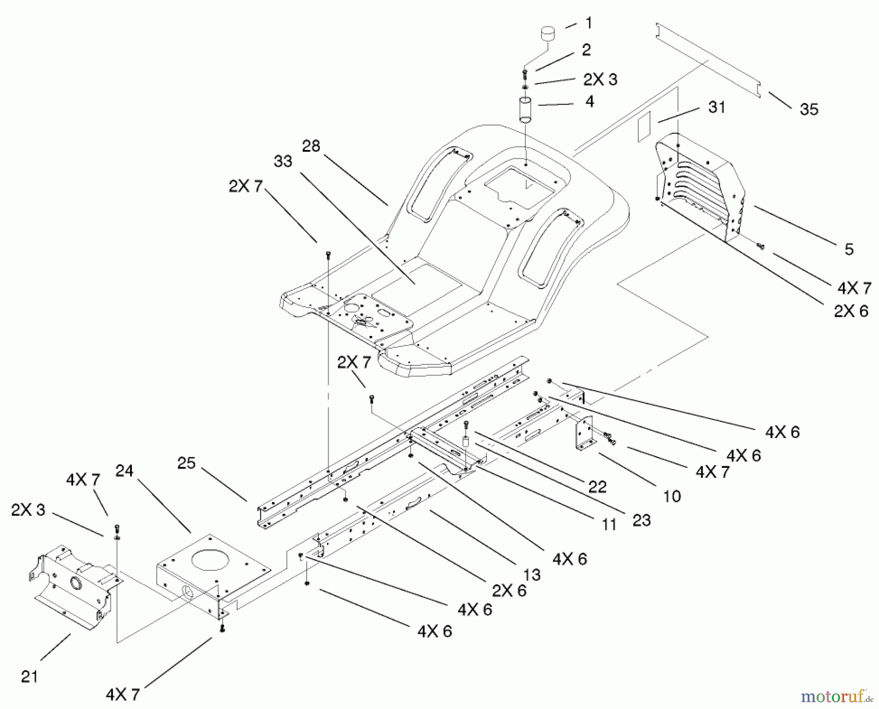 Toro Neu Mowers, Lawn & Garden Tractor Seite 1 71227 (16-38HXL) - Toro 16-38HXL Lawn Tractor, 2001 (210000001-210999999) FRAME & BODY ASSEMBLY
