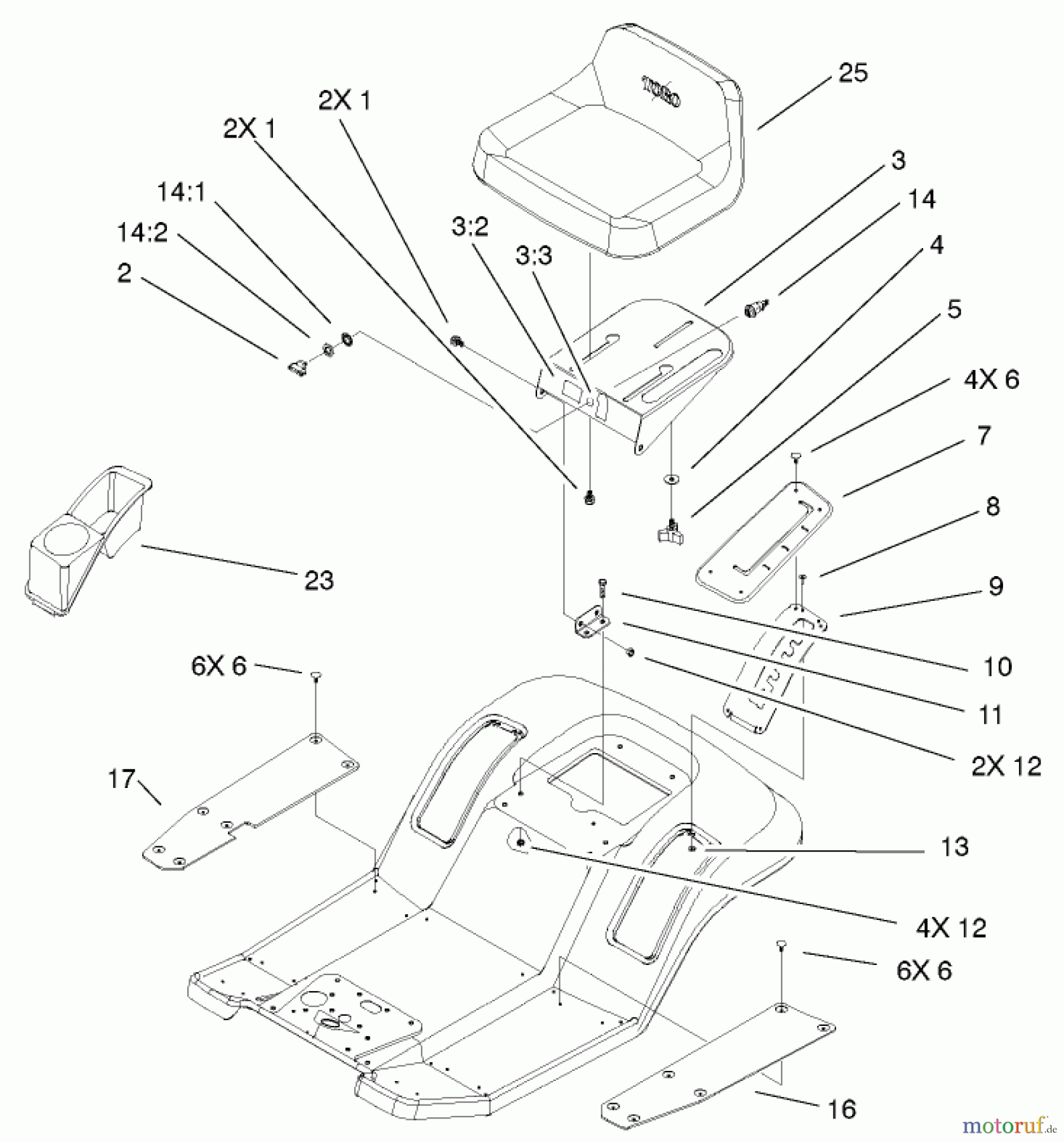 Toro Neu Mowers, Lawn & Garden Tractor Seite 1 71242 (16-38HXLE) - Toro 16-38HXLE Lawn Tractor, 2001 (210000001-210999999) REAR BODY & SEAT ASSEMBLY