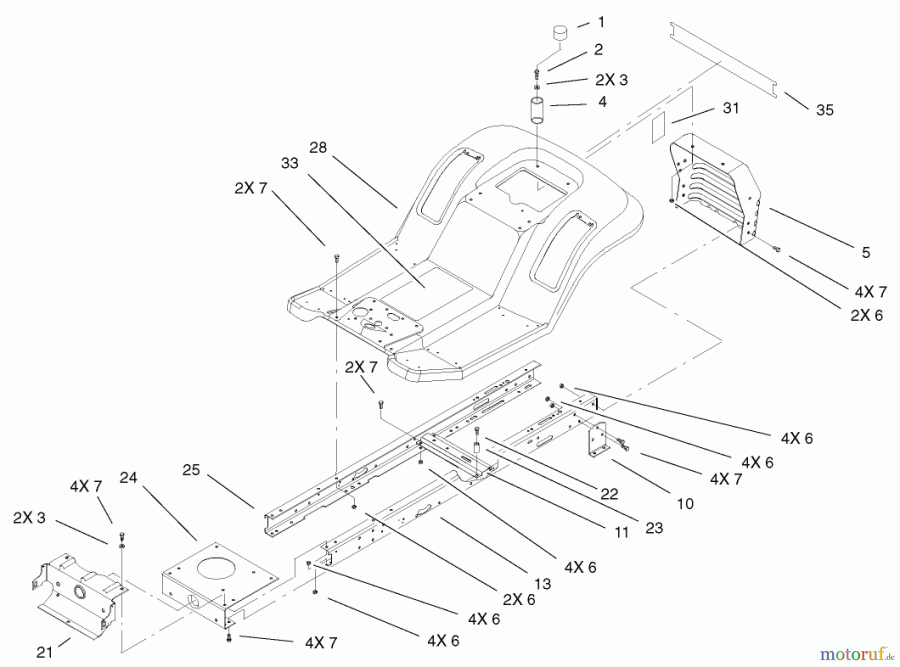 Toro Neu Mowers, Lawn & Garden Tractor Seite 1 71242 (16-38HXLE) - Toro 16-38HXLE Lawn Tractor, 2003 (230000001-230999999) FRAME AND BODY ASSEMBLY
