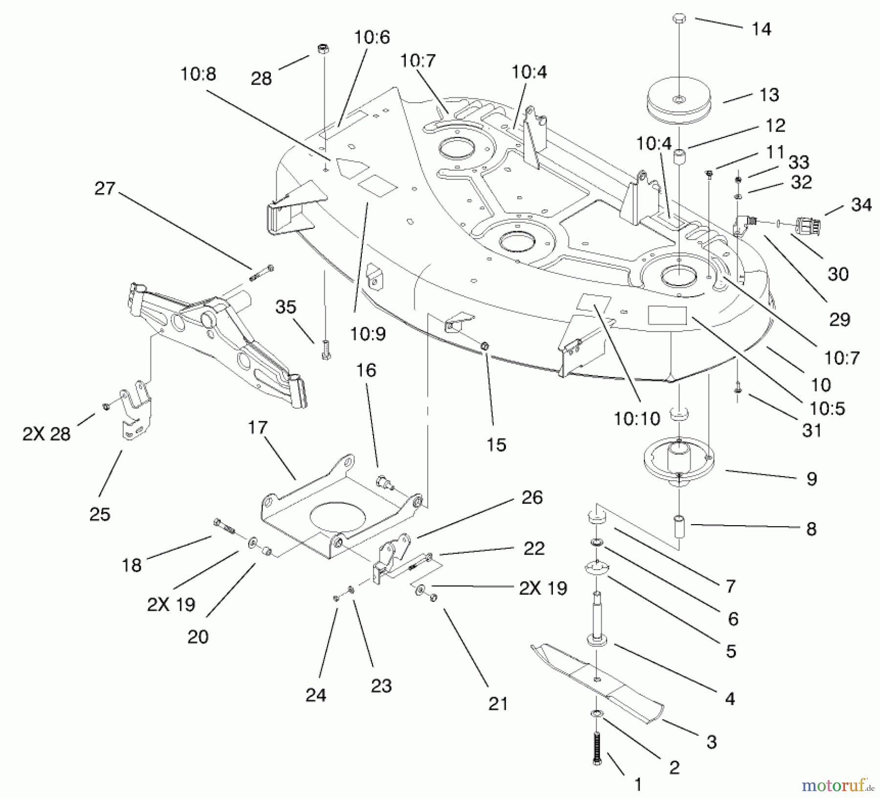  Toro Neu Mowers, Lawn & Garden Tractor Seite 1 71228 (17-44HXL) - Toro 17-44HXL Lawn Tractor, 2002 (220000001-220010000) DECK, SPINDLE AND BLADE ASSEMBLY