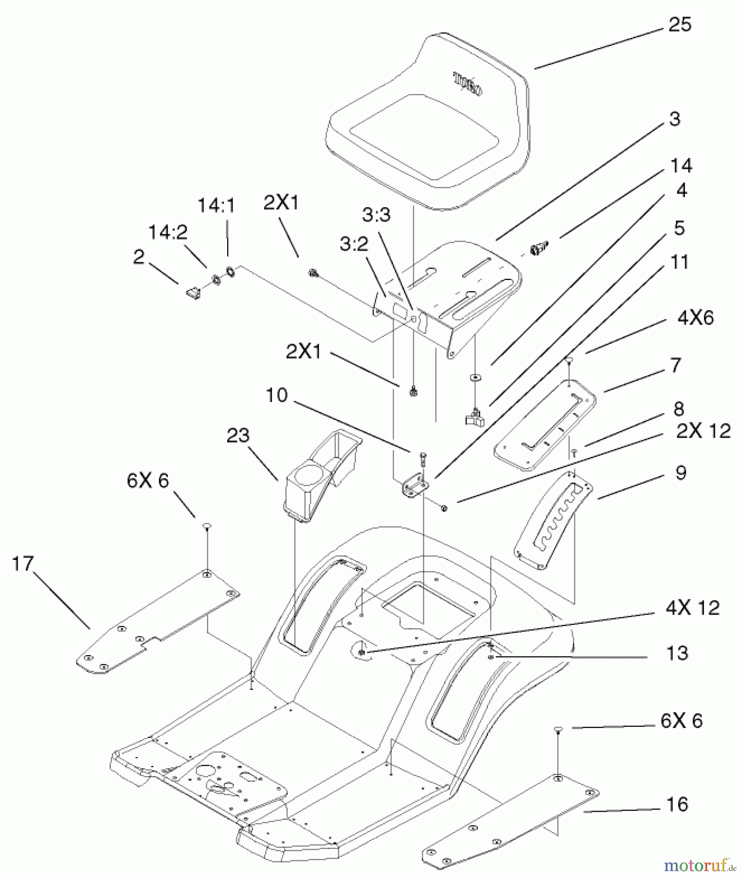 Toro Neu Mowers, Lawn & Garden Tractor Seite 1 71233 (17-44HXL) - Toro 17-44HXL Indy Special Edition Lawn Tractor, 2001 (210000001-210999999) REAR BODY AND SEAT ASSEMBLY