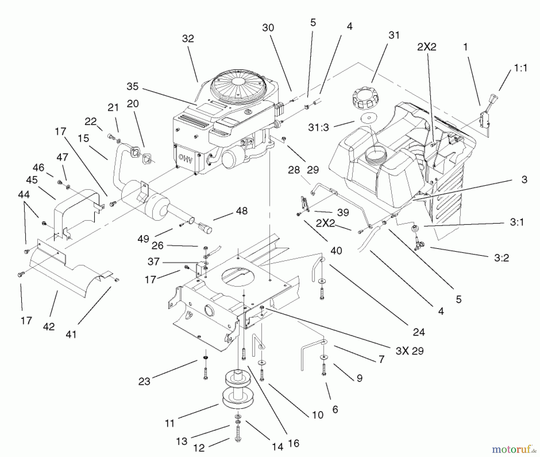 Toro Neu Mowers, Lawn & Garden Tractor Seite 1 71233 (17-44HXL) - Toro 17-44HXL Indy Special Edition Lawn Tractor, 2002 (220000001-220999999) ENGINE SYSTEM ASSEMBLY