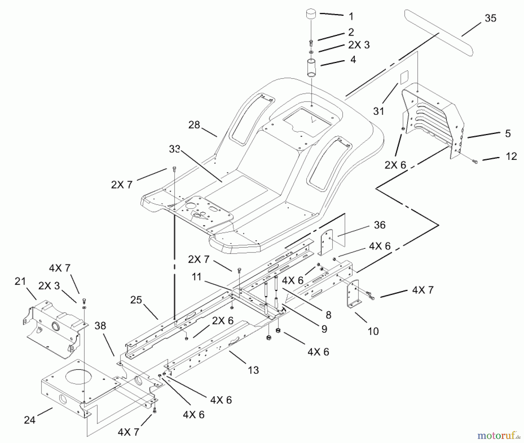  Toro Neu Mowers, Lawn & Garden Tractor Seite 1 71233 (17-44HXL) - Toro 17-44HXL Indy Special Edition Lawn Tractor, 2003 (230000001-230999999) FRAME AND BODY ASSEMBLY