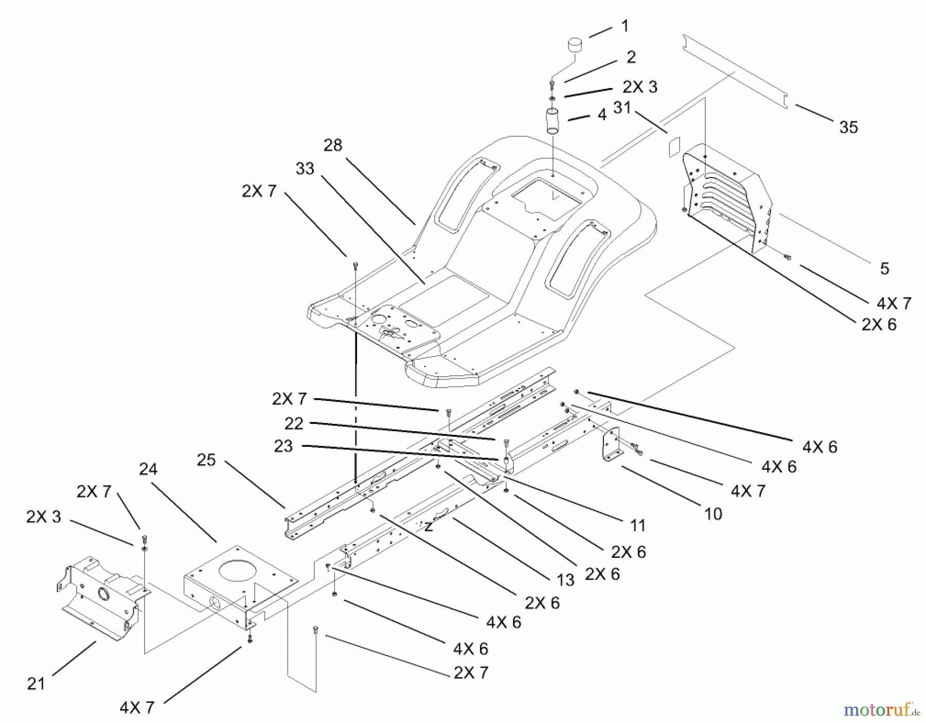 Toro Neu Mowers, Lawn & Garden Tractor Seite 1 71242 (16-38HXLE) - Toro 16-38HXLE Lawn Tractor, 2004 (240000001-240999999) FRAME AND BODY ASSEMBLY