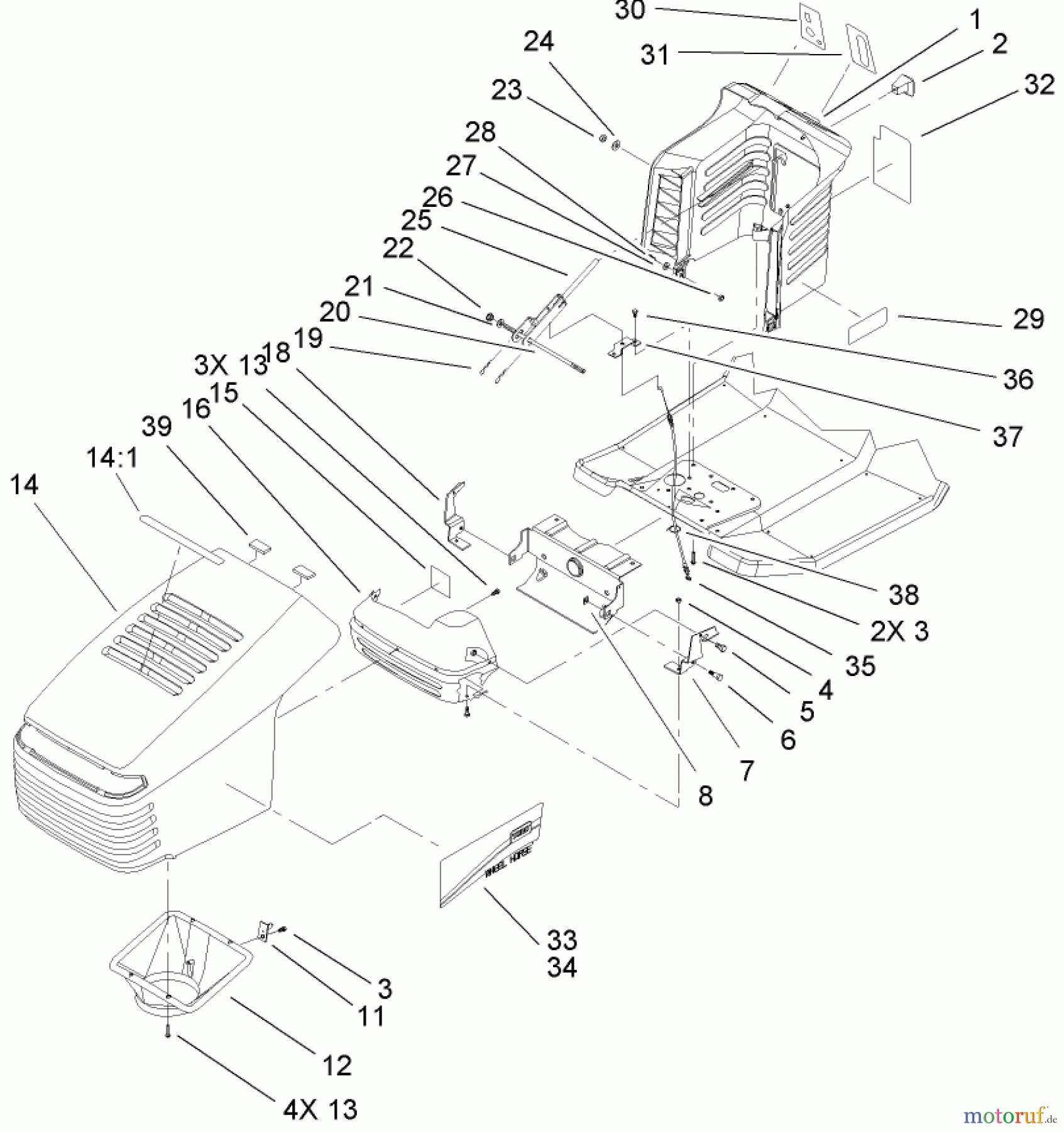 Toro Neu Mowers, Lawn & Garden Tractor Seite 1 71243 (17-38HXLE) - Toro 17-38HXLE Lawn Tractor, 2004 (240000001-240999999) HOOD AND TOWER ASSEMBLY