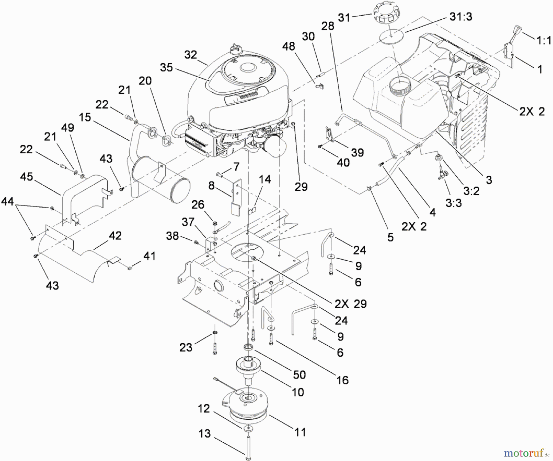 Toro Neu Mowers, Lawn & Garden Tractor Seite 1 71252 (XL 380H) - Toro XL 380H Lawn Tractor, 2010 (310000001-310002000) ENGINE, CLUTCH AND EXHAUST ASSEMBLY
