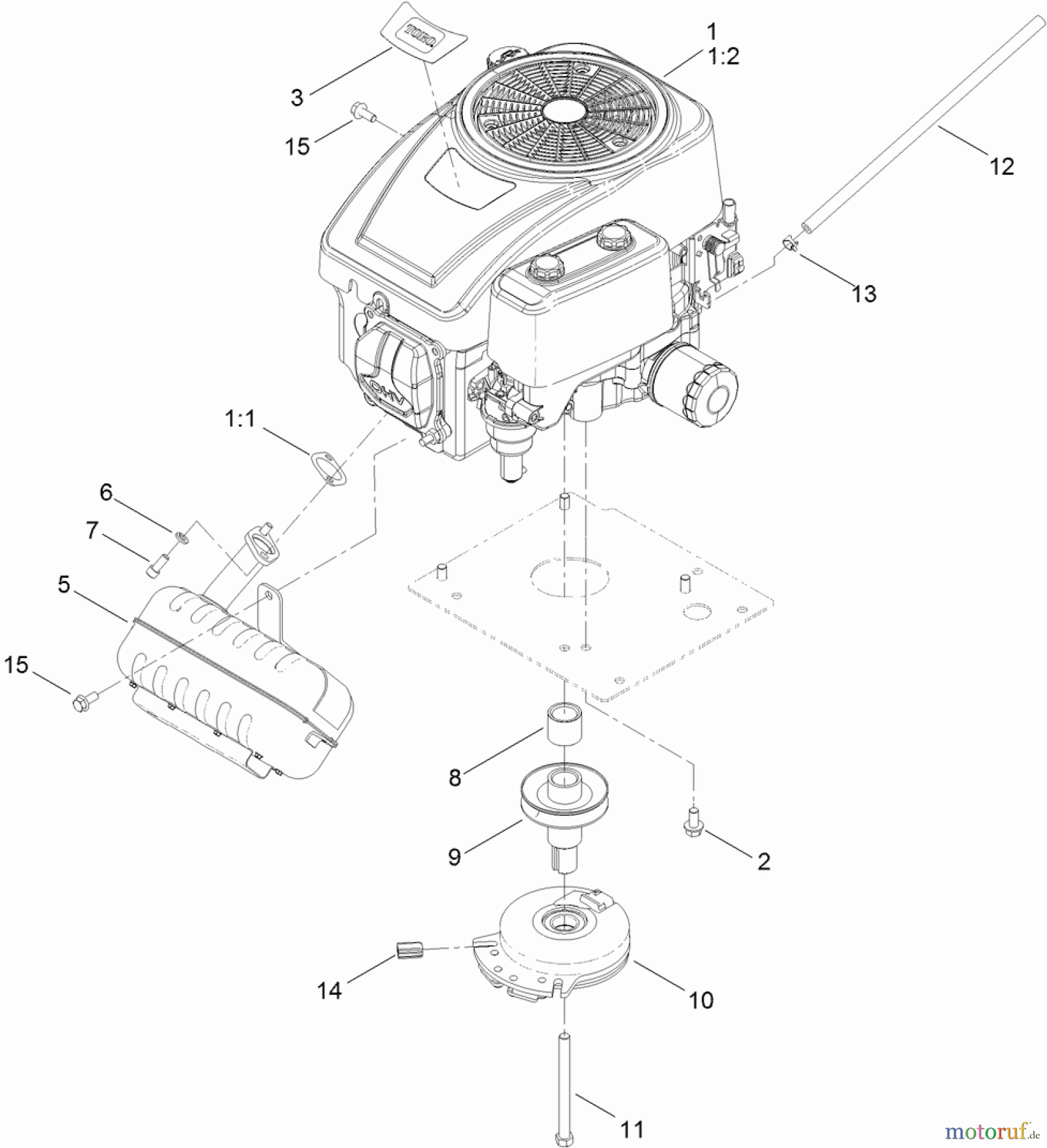 Toro Neu Mowers, Lawn & Garden Tractor Seite 1 71254 (XLS 380) - Toro XLS 380 Lawn Tractor, 2011 (311000001-311999999) ENGINE, MUFFLER AND CLUTCH ASSEMBLY