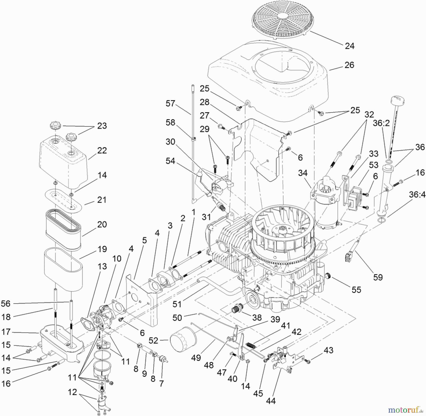 Toro Neu Mowers, Lawn & Garden Tractor Seite 1 71254 (XLS 380) - Toro XLS 380 Lawn Tractor, 2012 (SN 312000001-312999999) CARBURETOR, STARTER AND FAN SHROUD ASSEMBLY
