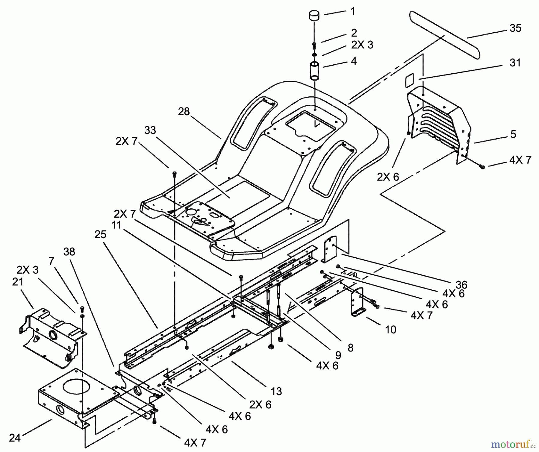 Toro Neu Mowers, Lawn & Garden Tractor Seite 1 71283 (17-44HXLE) - Toro 17-44HXLE Lawn Tractor, 2002 (220010001-220999999) FRAME AND BODY ASSEMBLY