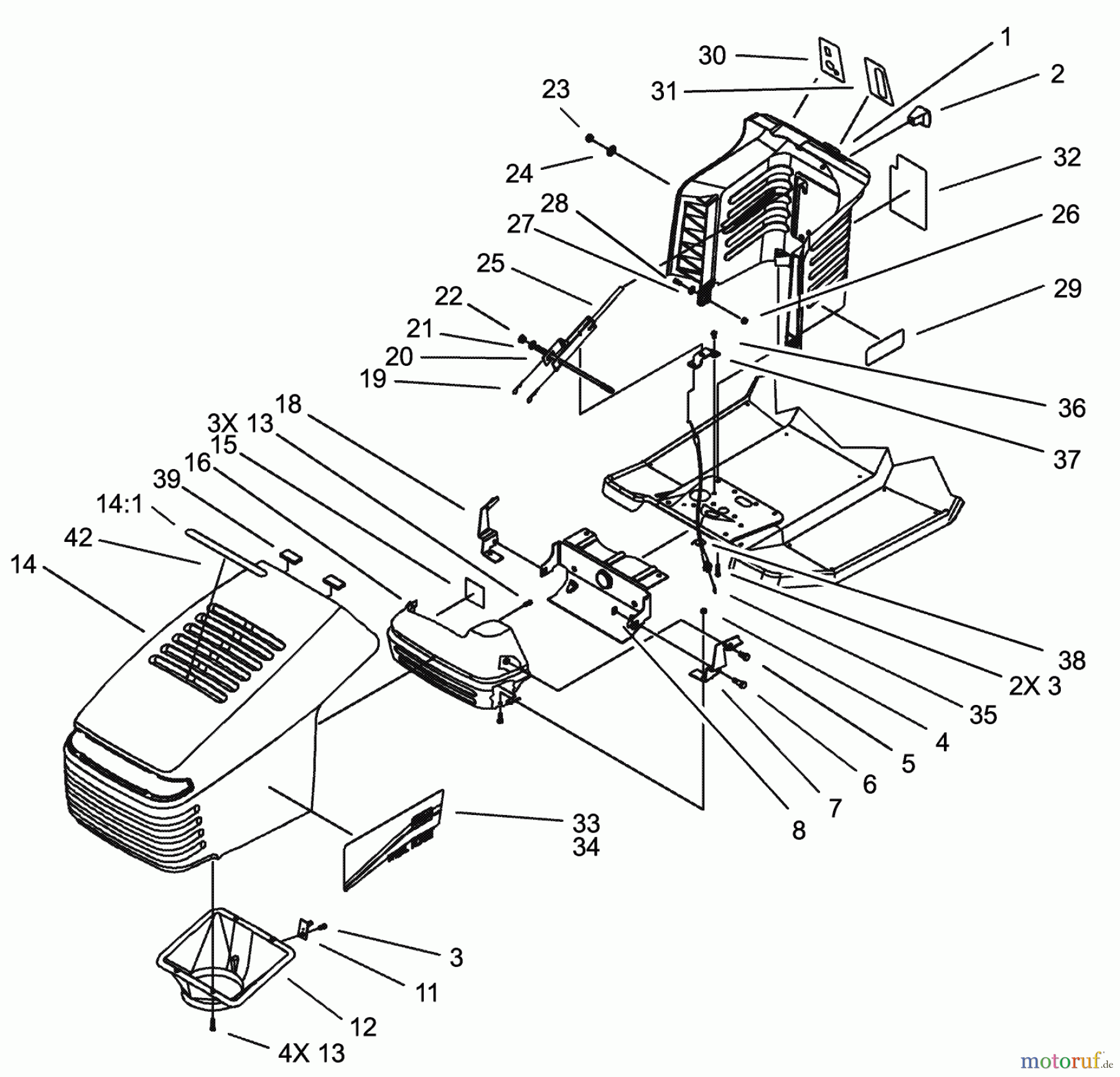 Toro Neu Mowers, Lawn & Garden Tractor Seite 1 71283 (17-44HXLE) - Toro 17-44HXLE Lawn Tractor, 2002 (220010001-220999999) HOOD AND TOWER ASSEMBLY