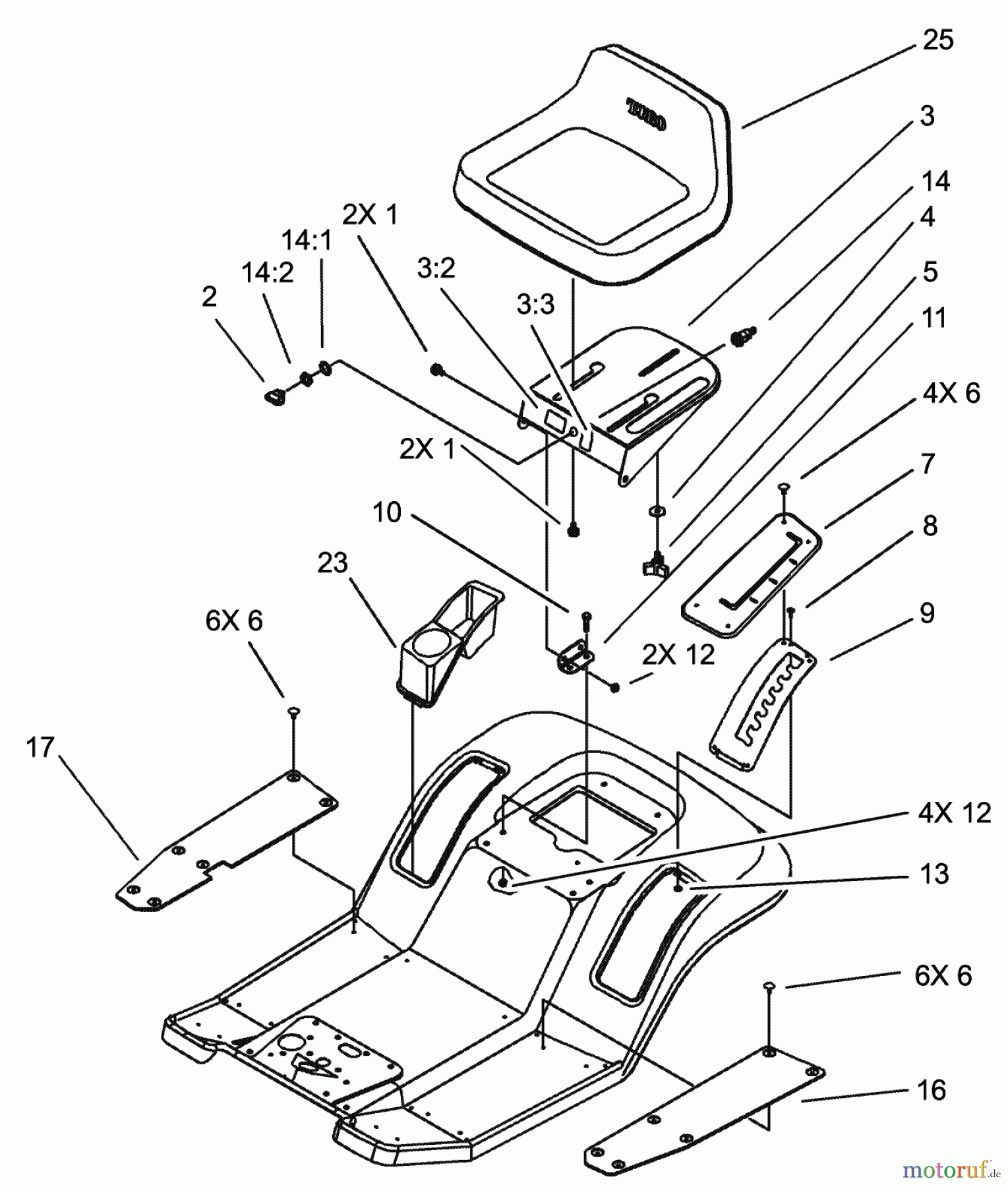 Toro Neu Mowers, Lawn & Garden Tractor Seite 1 71283 (17-44HXLE) - Toro 17-44HXLE Lawn Tractor, 2002 (220010001-220999999) REAR BODY AND SEAT ASSEMBLY