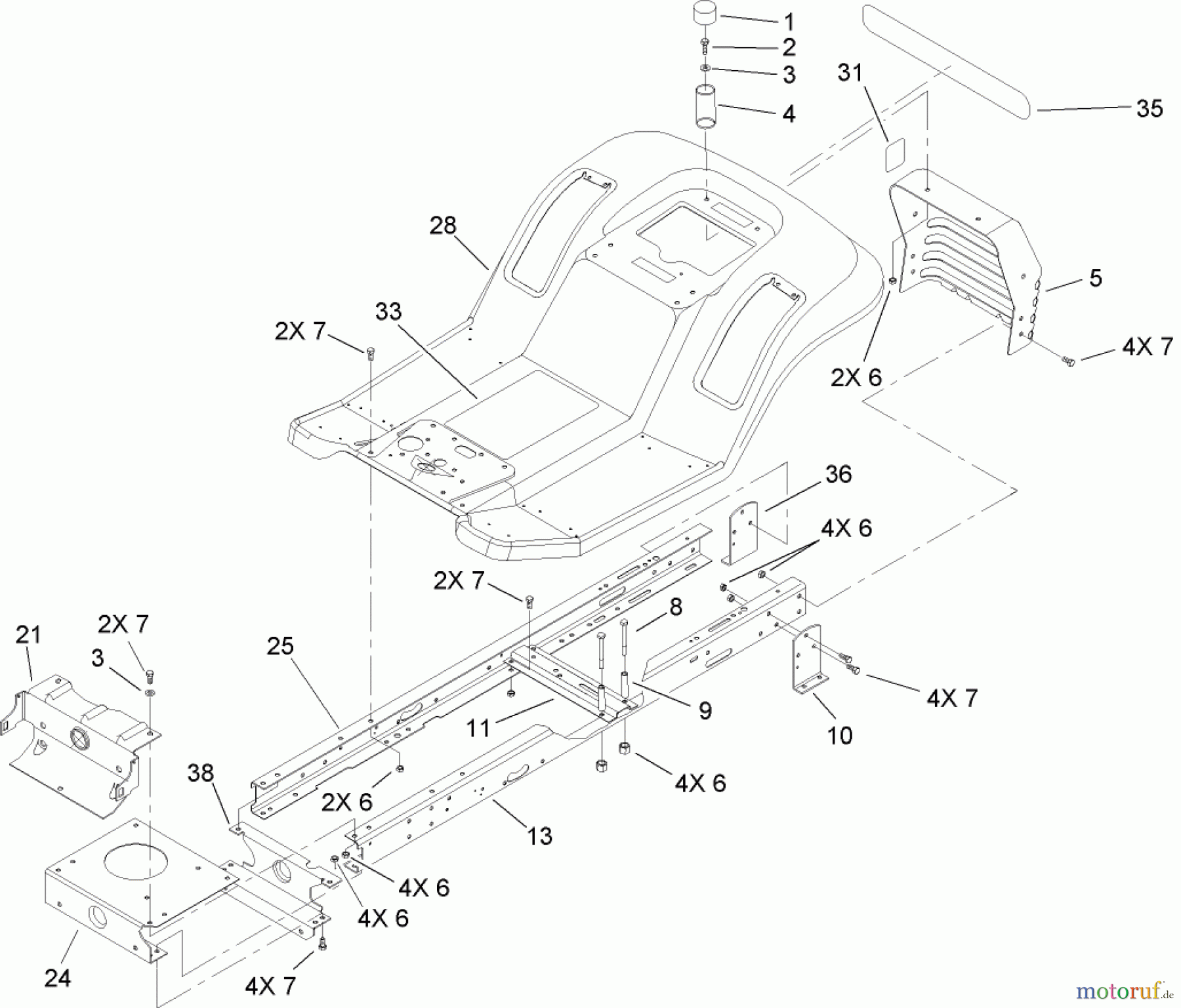 Toro Neu Mowers, Lawn & Garden Tractor Seite 1 71283 (17-44HXLE) - Toro 17-44HXLE Lawn Tractor, 2003 (230000001-230999999) FRAME AND BODY ASSEMBLY