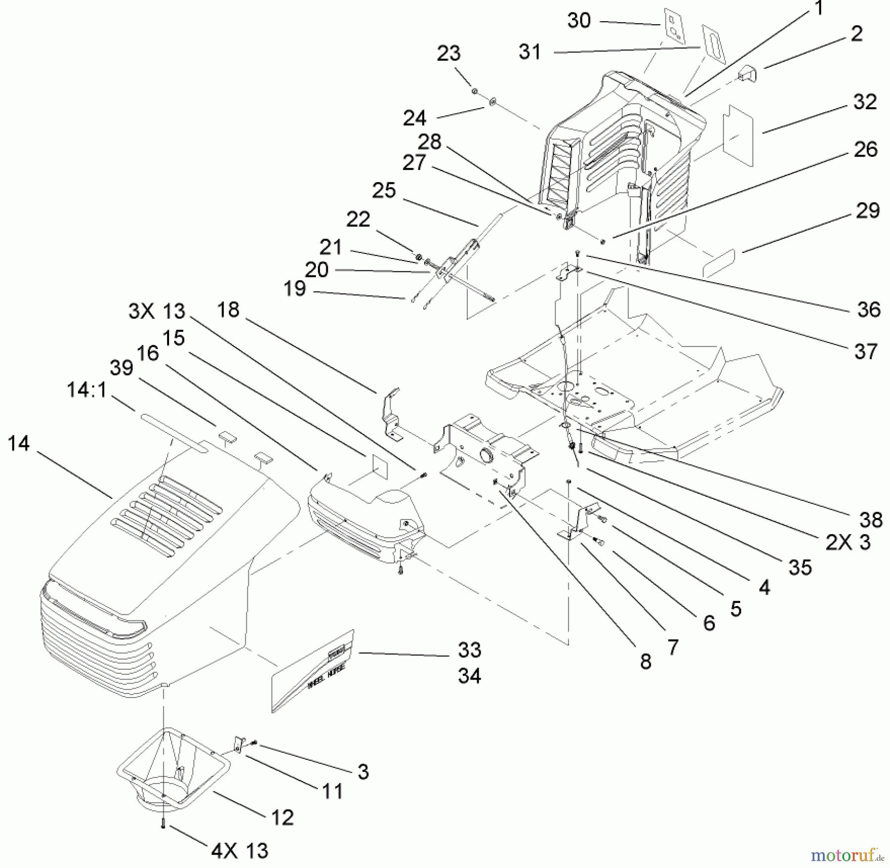  Toro Neu Mowers, Lawn & Garden Tractor Seite 1 71283 (17-44HXLE) - Toro 17-44HXLE Lawn Tractor, 2004 (240000001-240999999) HOOD AND TOWER ASSEMBLY