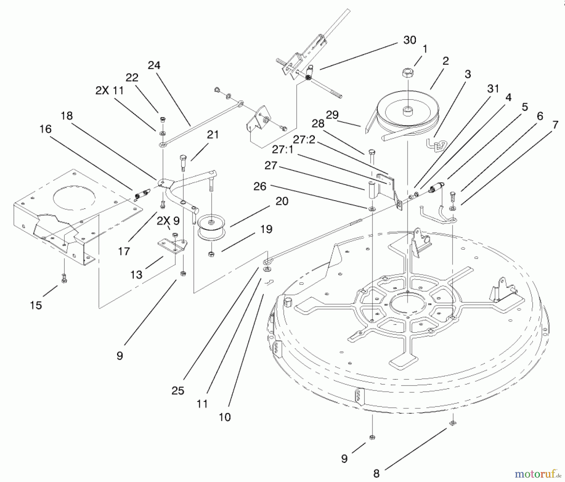 Toro Neu Mowers, Lawn & Garden Tractor Seite 1 71301 (12.5-32XLE) - Toro 12.5-32XLE Lawn Tractor, 2001 (210000001-210999999) DECK BLADE DRIVE AND BRAKING ASSEMBLY