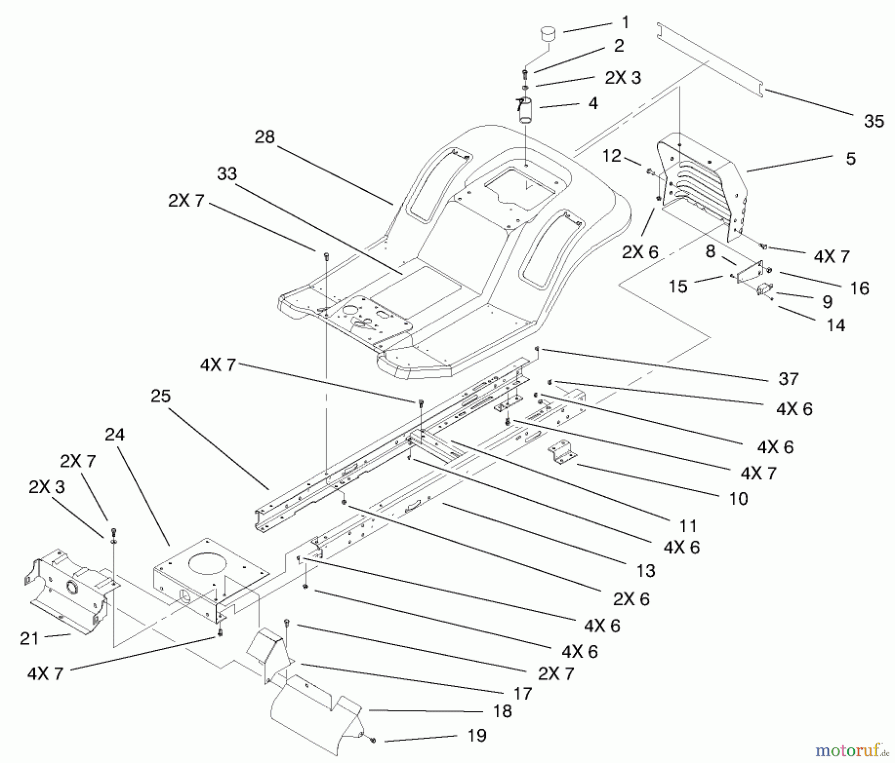 Toro Neu Mowers, Lawn & Garden Tractor Seite 1 71301 (12.5-32XLE) - Toro 12.5-32XLE Lawn Tractor, 2001 (210000001-210999999) FRAME AND BODY ASSEMBLY