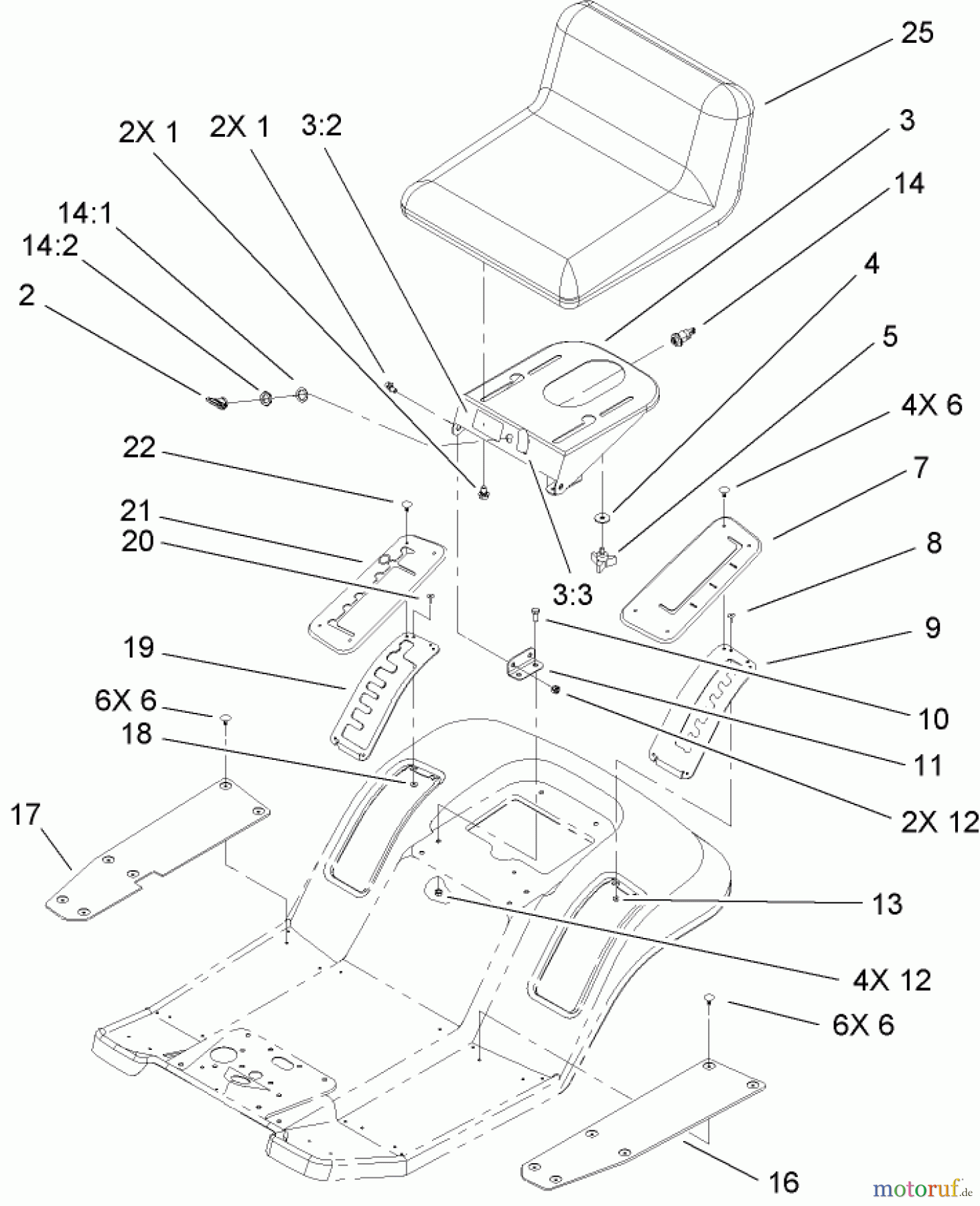 Toro Neu Mowers, Lawn & Garden Tractor Seite 1 71427 (XL 380) - Toro XL 380 Lawn Tractor, 2005 (250000001-250999999) REAR BODY AND SEAT ASSEMBLY