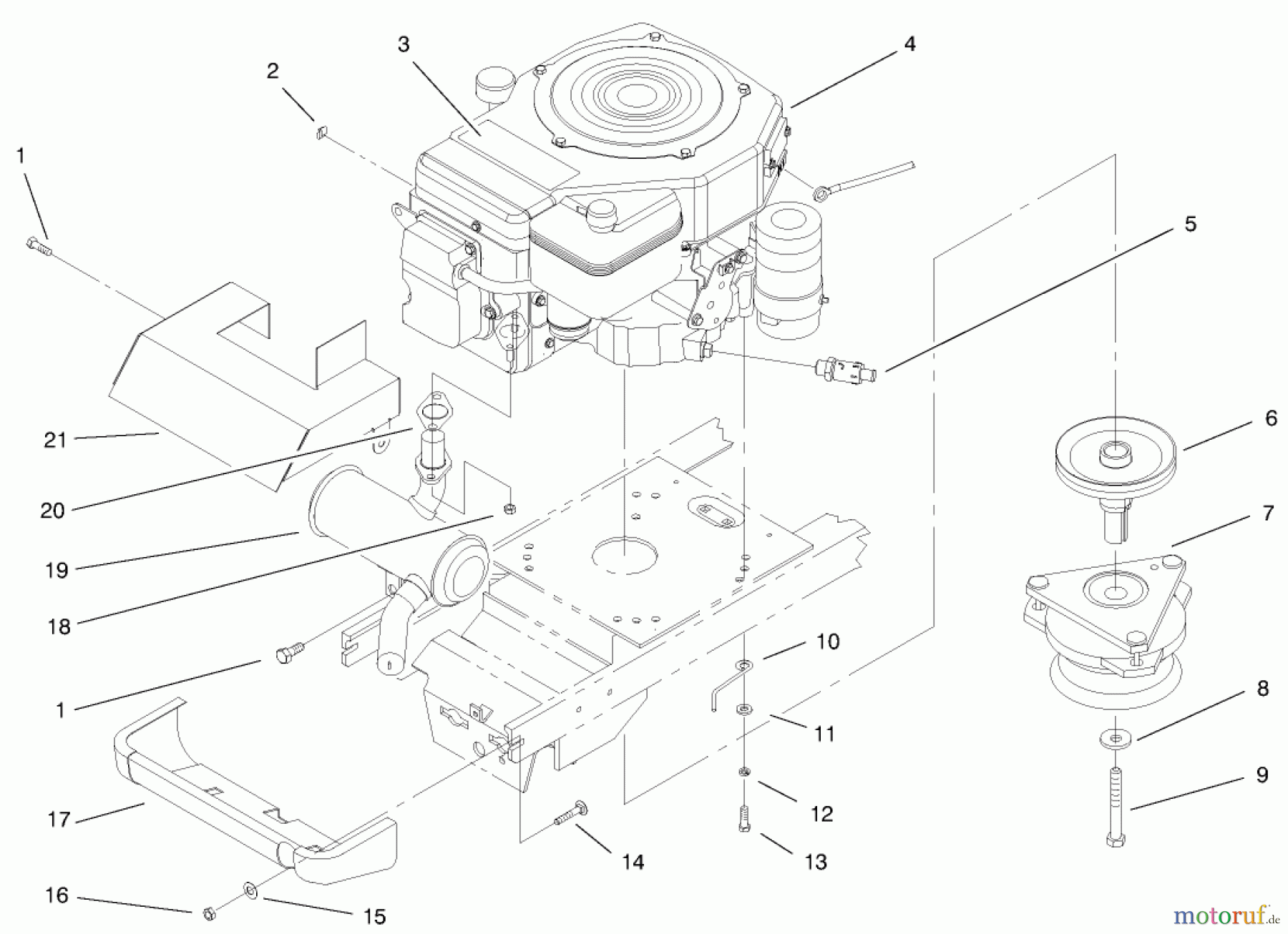 Toro Neu Mowers, Lawn & Garden Tractor Seite 1 72047 (265-6) - Toro 265-6 Lawn and Garden Tractor, 1999 (9900001-9999999) ENGINE, MUFFLER & PTO ASSEMBLY