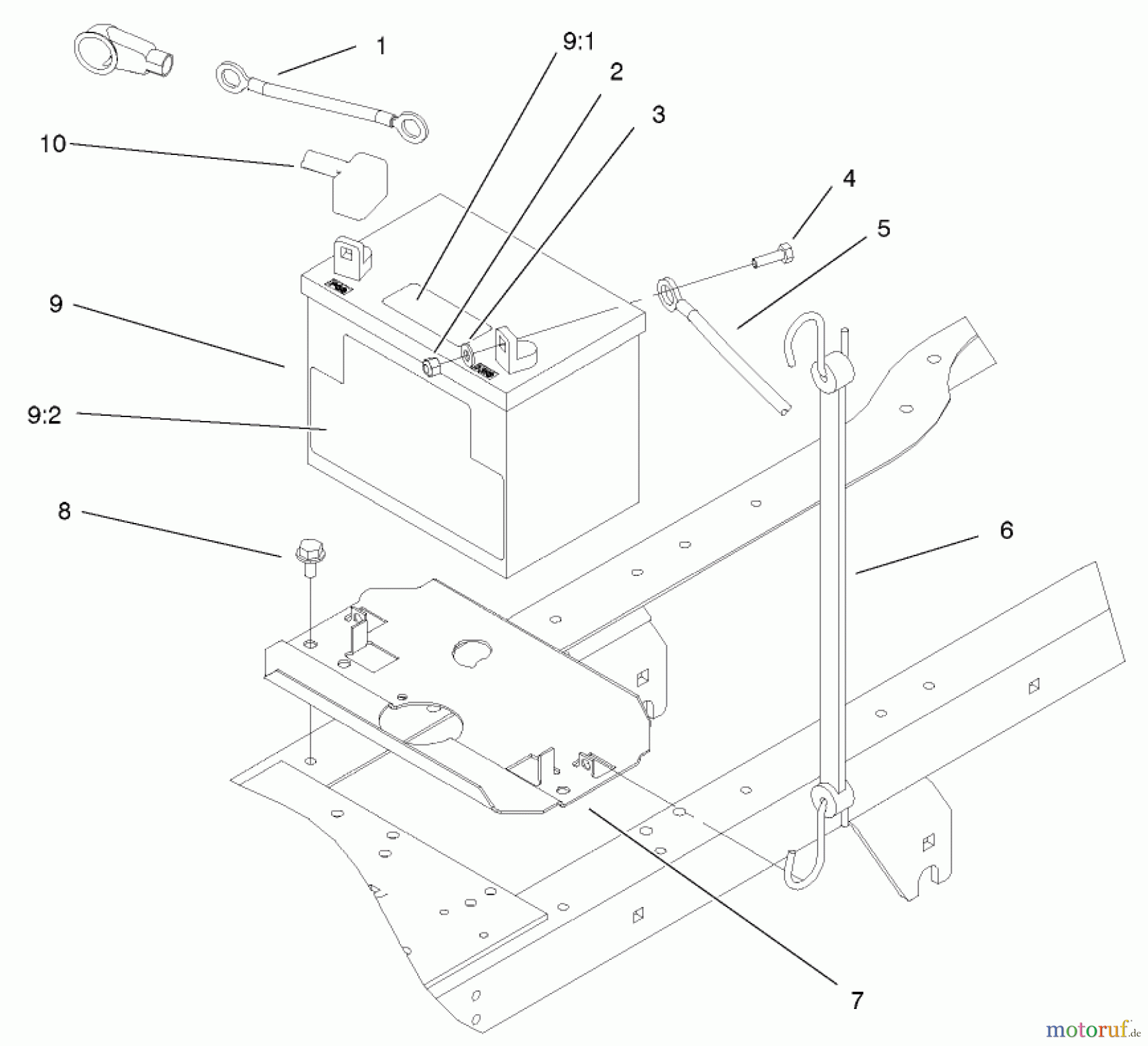Toro Neu Mowers, Lawn & Garden Tractor Seite 1 72051 (265-H) - Toro 265-H Lawn and Garden Tractor, 2002 (220000001-220999999) BATTERY ASSEMBLY