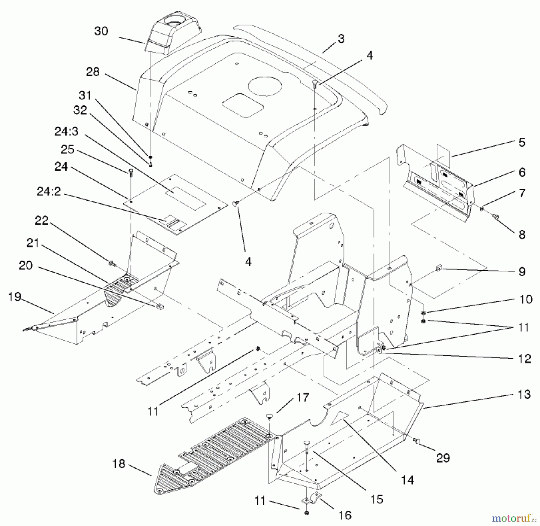 Toro Neu Mowers, Lawn & Garden Tractor Seite 1 72051 (265-H) - Toro 265-H Lawn and Garden Tractor, 2001 (210000001-210999999) FENDER AND FOOTRESTS ASSEMBLY
