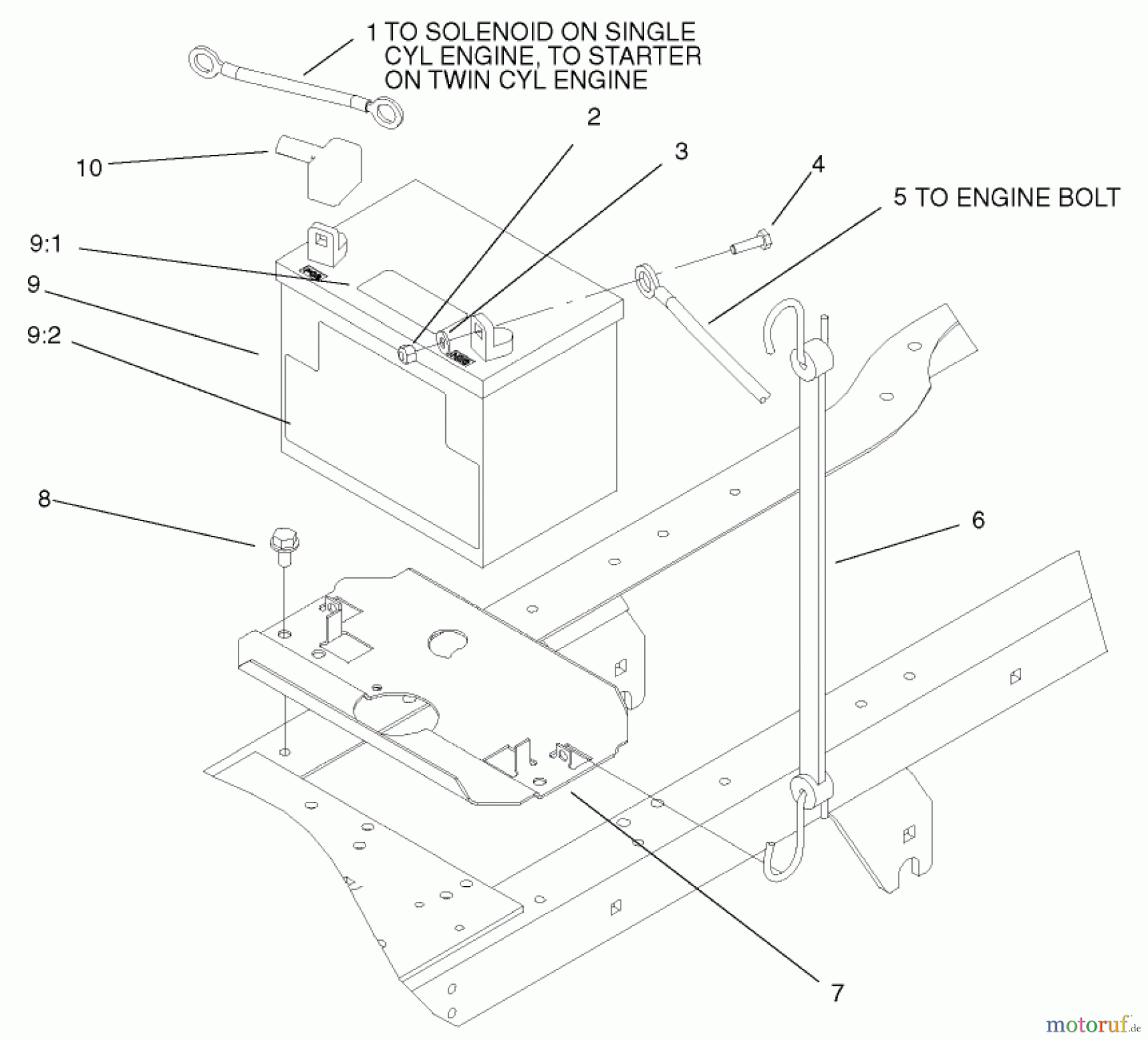 Toro Neu Mowers, Lawn & Garden Tractor Seite 1 72072 (266-HE) - Toro 266-HE Lawn and Garden Tractor, 2002 (220000001-220999999) BATTERY ASSEMBLY